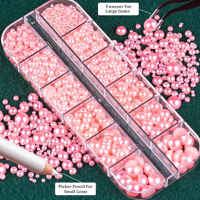 Belleboost Flat Back Pearls Kits 3 Boxes of Flatback Pink Half Round Pearls with Pickup Pencil and Tweezer for Home DIY and Professional Nail Art, Face Makeup and Craft