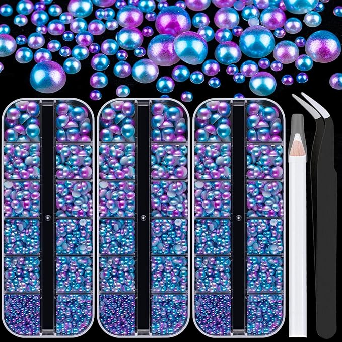 Belleboost Flat Back Pearls Kits 3 Boxes of Flatback Blue Mermaid Half Round Pearls with Pickup Pencil and Tweezer for Home DIY and Professional Nail Art, Face Makeup and Craft