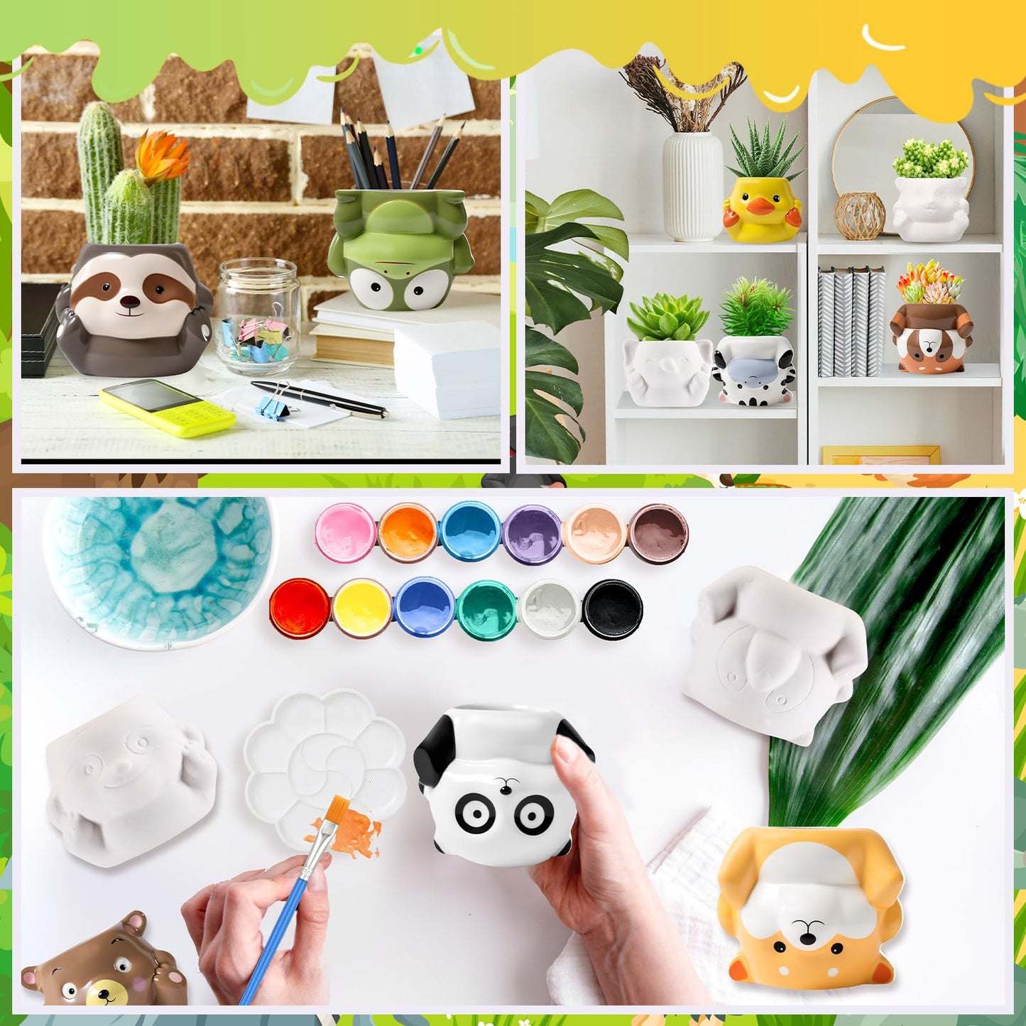 Chuangdi 12 Sets Ceramics to Paint 12 Style DIY Ceramic Succulent Planter Pots Unpainted Bisque Flower Pots Paintable Craft with Drainage Hole, Paints, Brushes, Palettes