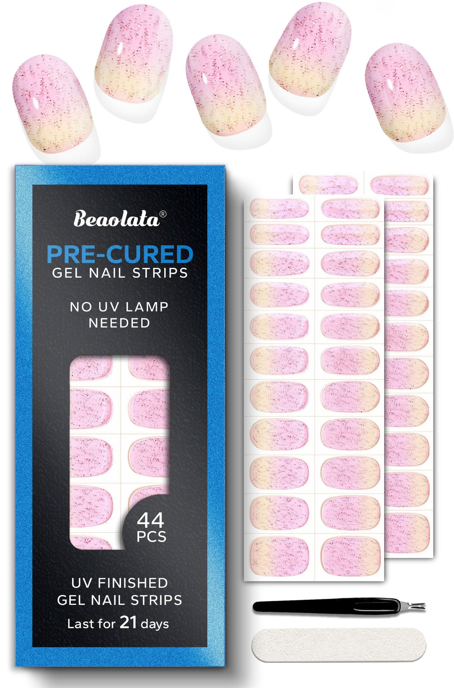 Beaolata Real Gel Nail Strips (No UV Light Needed) - 44Pcs Salon Quality Nail Stickers - Long Lasting Polish Wraps for Women, Easy Apply & Remove (PinkMuse)