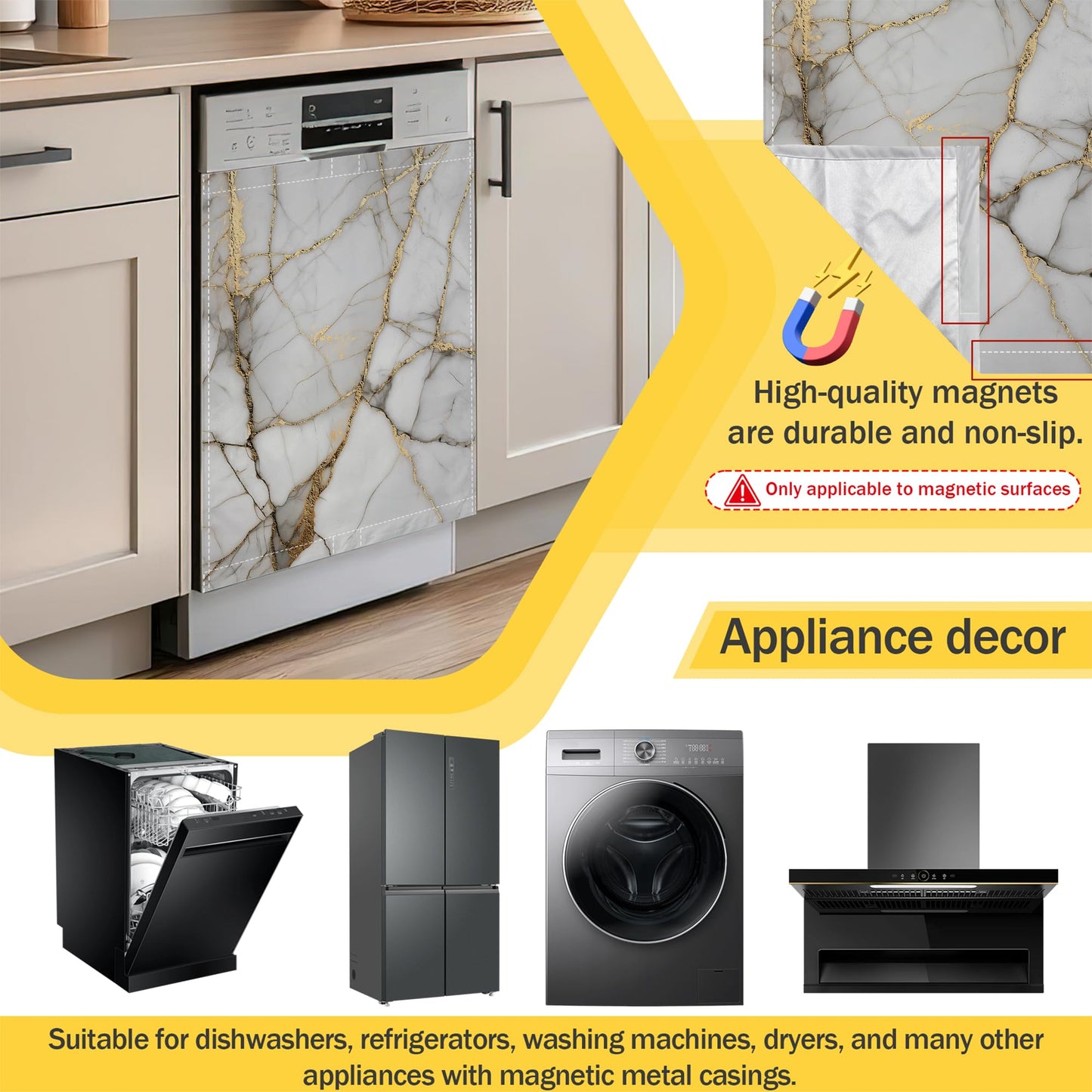 Texture Marble Dishwasher Magnet Cover,Gold White Kitchen Decor Waterproof Refrigerator Magnet Sticker Appliance Cover Protector,23Wx26H Inches