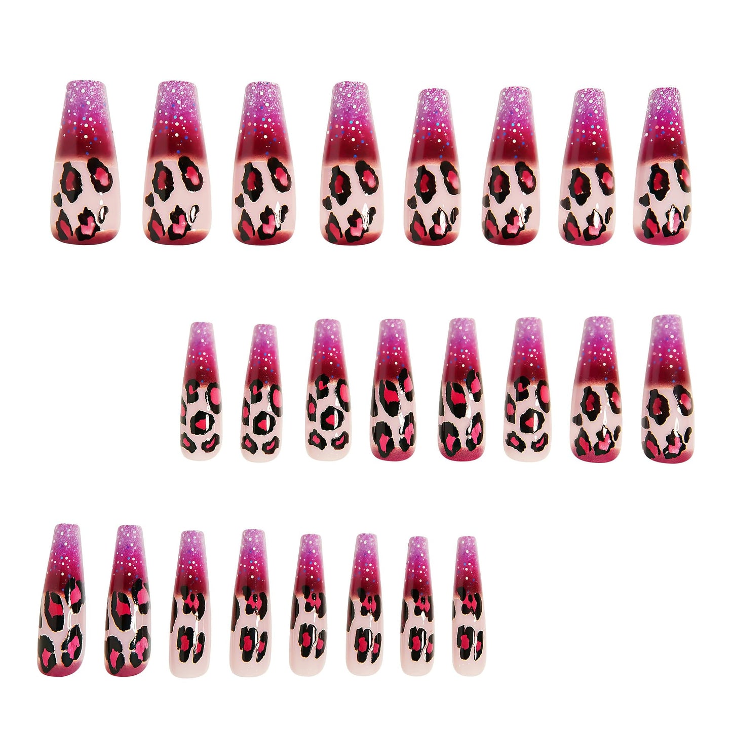 IMSOHOT Pink Press on Nails Long Coffin Fake Nails Leopard Print Designs Full Cover Glossy Glitter Gradient Acrylic Ballerina Stick on Nails for Women 24Pcs