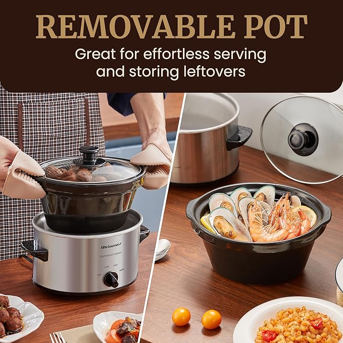 Elite Gourmet MST-275XS Electric Oval Slow Cooker, Adjustable Temp, Entrees, Sauces, Stews & Dips, Dishwasher Safe Glass Lid & Crock (2 Quart, Stainless Steel)