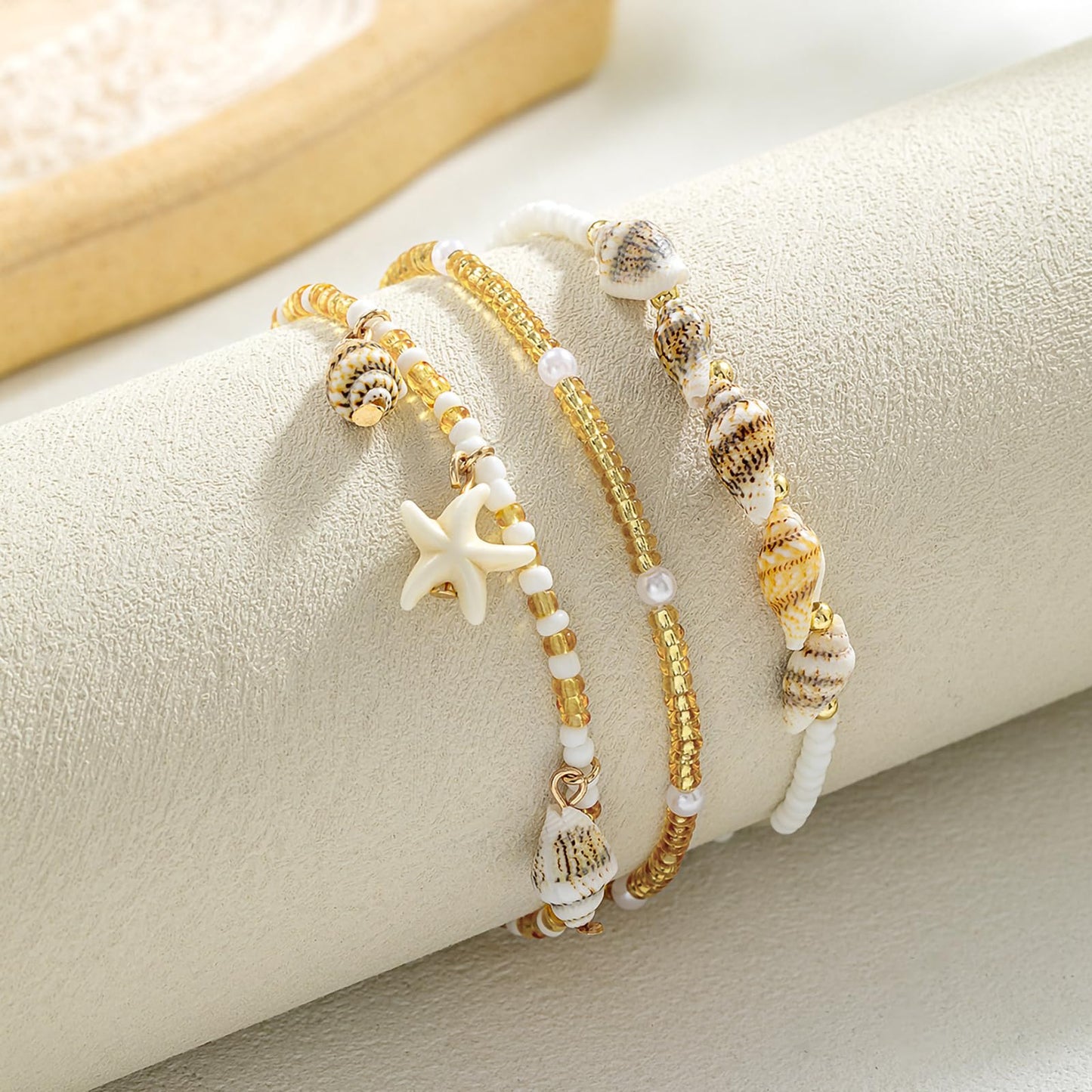 Qceasiy Shell Ankle Bracelet Set for Women, Boho Bead Adjustable Anklet, Hawaiian Beach Seashell Pearl Heart Starfish Conch Foot Jewelry Gifts (Conch Starfish 3Pcs)
