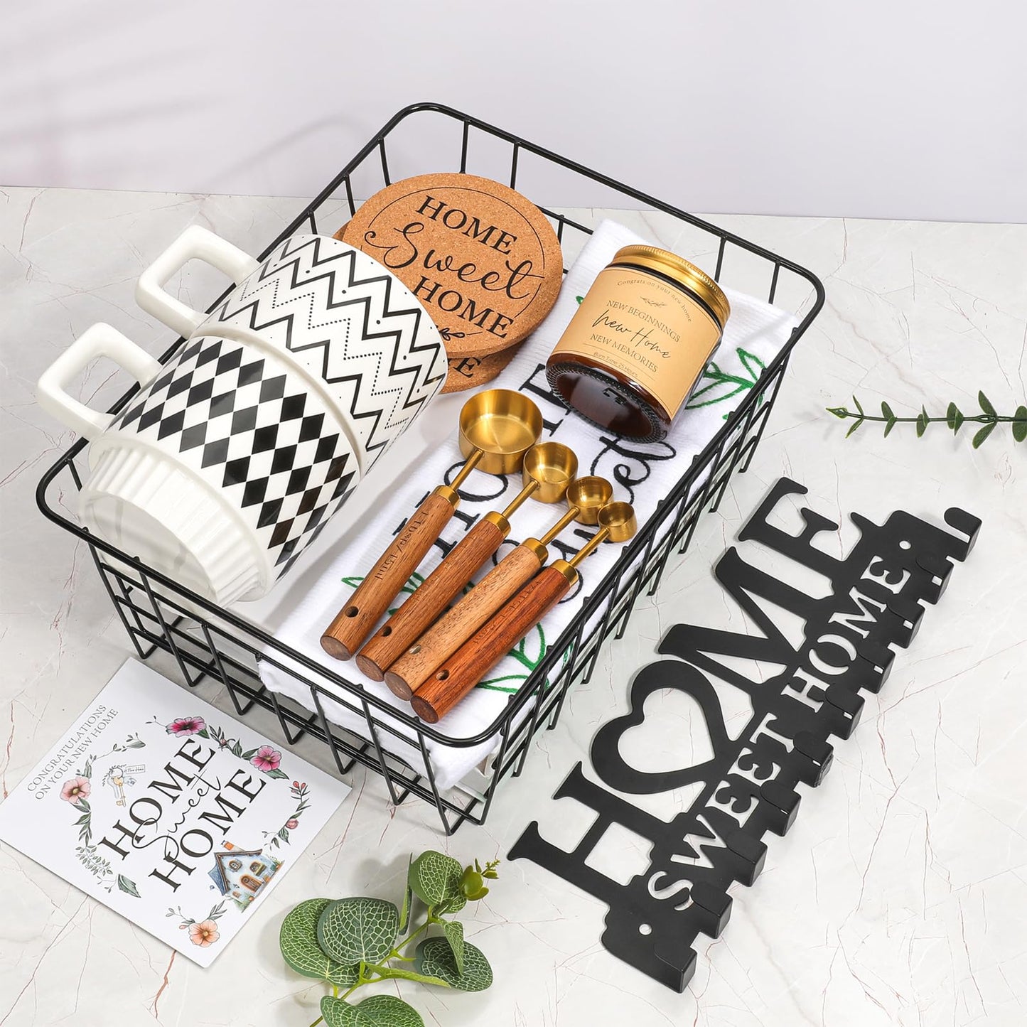 StoFurry Housewarming Gift Basket for New Home | 13 Pcs Kitchen Essentials Set with Ceramic Mugs, Measuring Spoons, Storage Basket | New Home Gift Ideas | Closing Gifts for Couples & Families