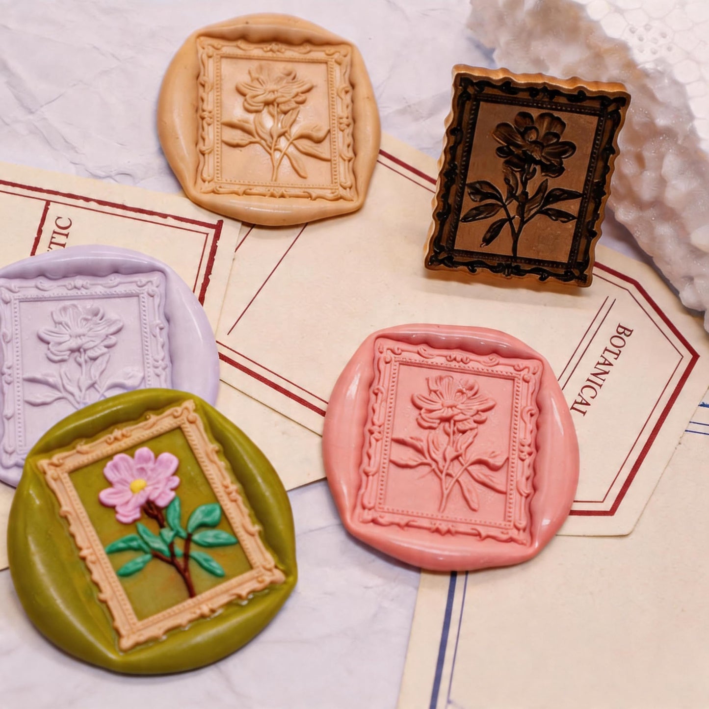 VANGOAL Wax Seal Stamp, Floral Series, 3D Embossed Brass Stamp Head with Wooden Handle, Vintage Sealing Kit for Wedding Invitations, Envelopes, Gift Wrapping, Letters and Crafts (Peony with Frame)
