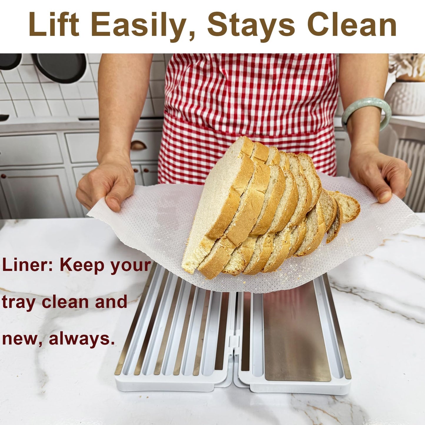 Stainless Steel Bread Slicer for Homemade Bread, Bread Slicing Guide with 20 Liners, 2 Thickness Cutting Guide with Crumb Tray, Bread Loaf Cutter Adjustable Width, for Sourdough, Meats, Deli