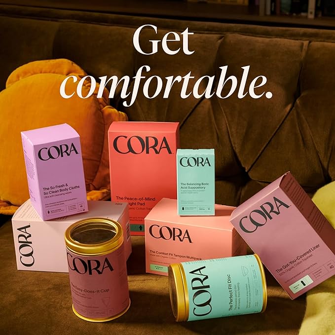 Cora Ultra Thin Organic Bladder Liners | Incontinence & Postpartum Pads for Women | Panty Liners for Bladder Leaks | Breathable Cotton (100 Extra Long)