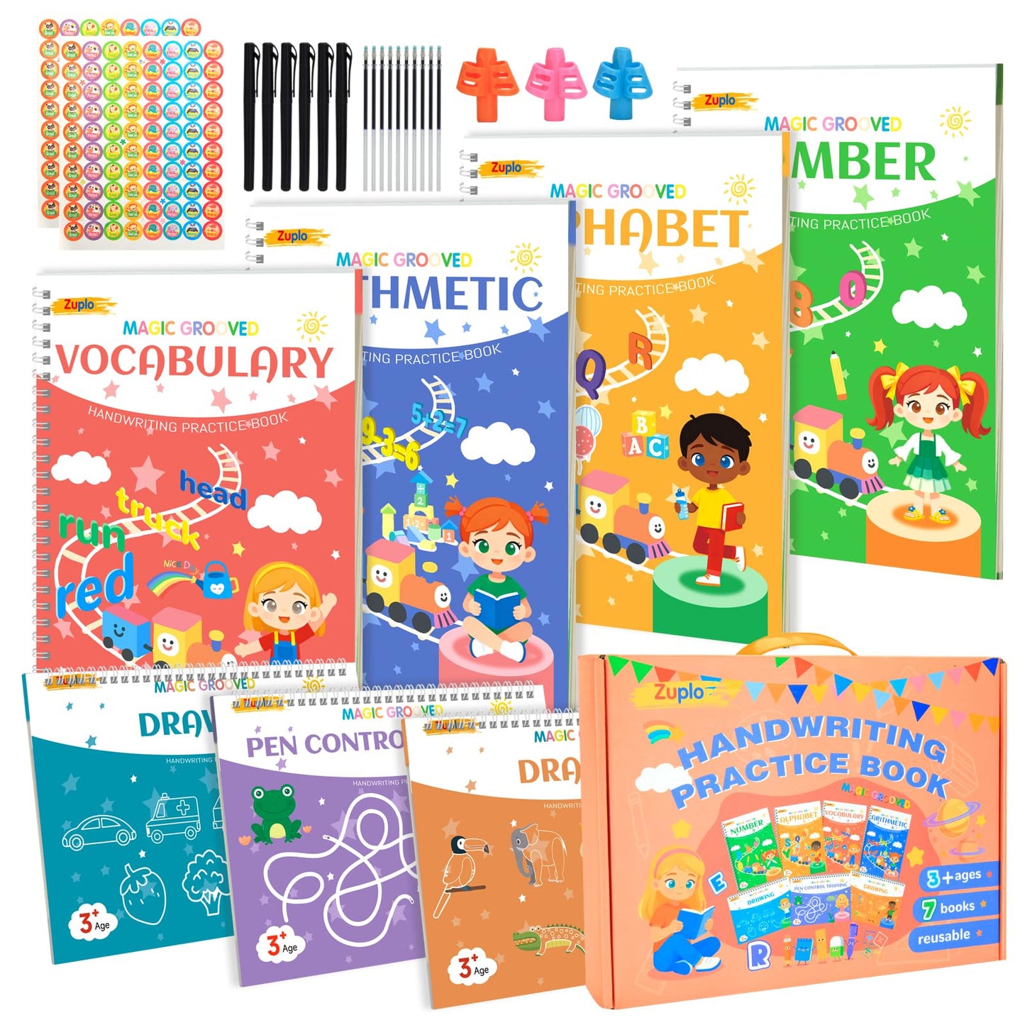 Zuplo Magic Grooved Writing Practice for Kids Ages 3-8, Reusable Handwriting Workbooks for Preschool Learning, Letters Numbers Math & Drawing Tracing Books with Disappearing Ink Pens, Educational Gift