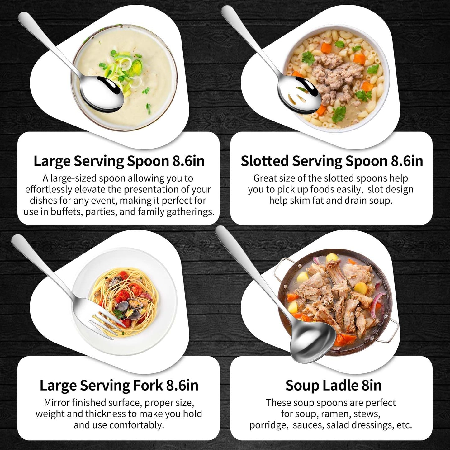 Gisly 12-Piece Serving Set - Large Spoons, Forks, Tongs, Ladle, Cake Server & Appetizer Tongs for Buffet Catering, Dishwasher Safe