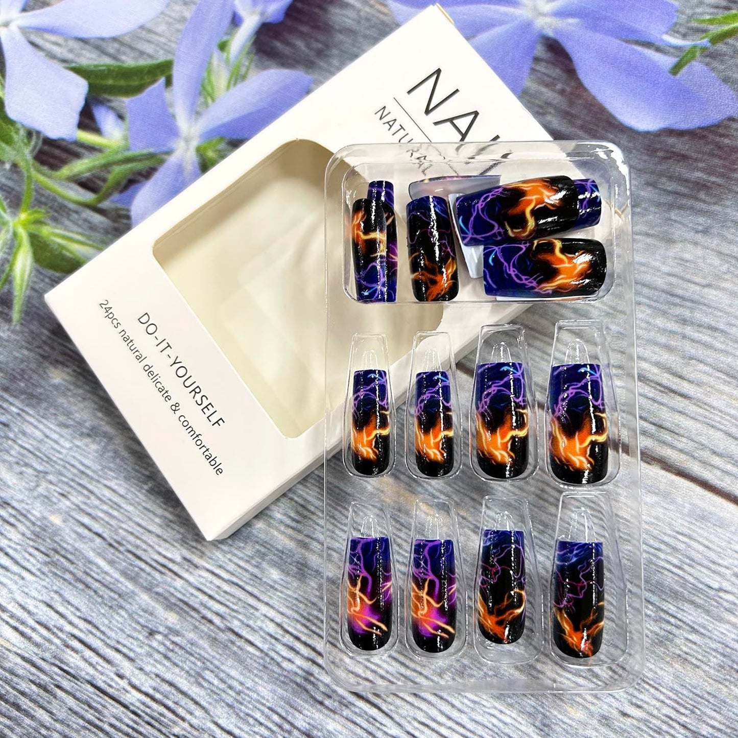 Press On Medium Square Aurora Blue Lightning Stripe Smudge Design False Nails - Full Cover Acrylic Coffin Nails, Reusable Glue On, DIY Stick On for Women - 24Pcs