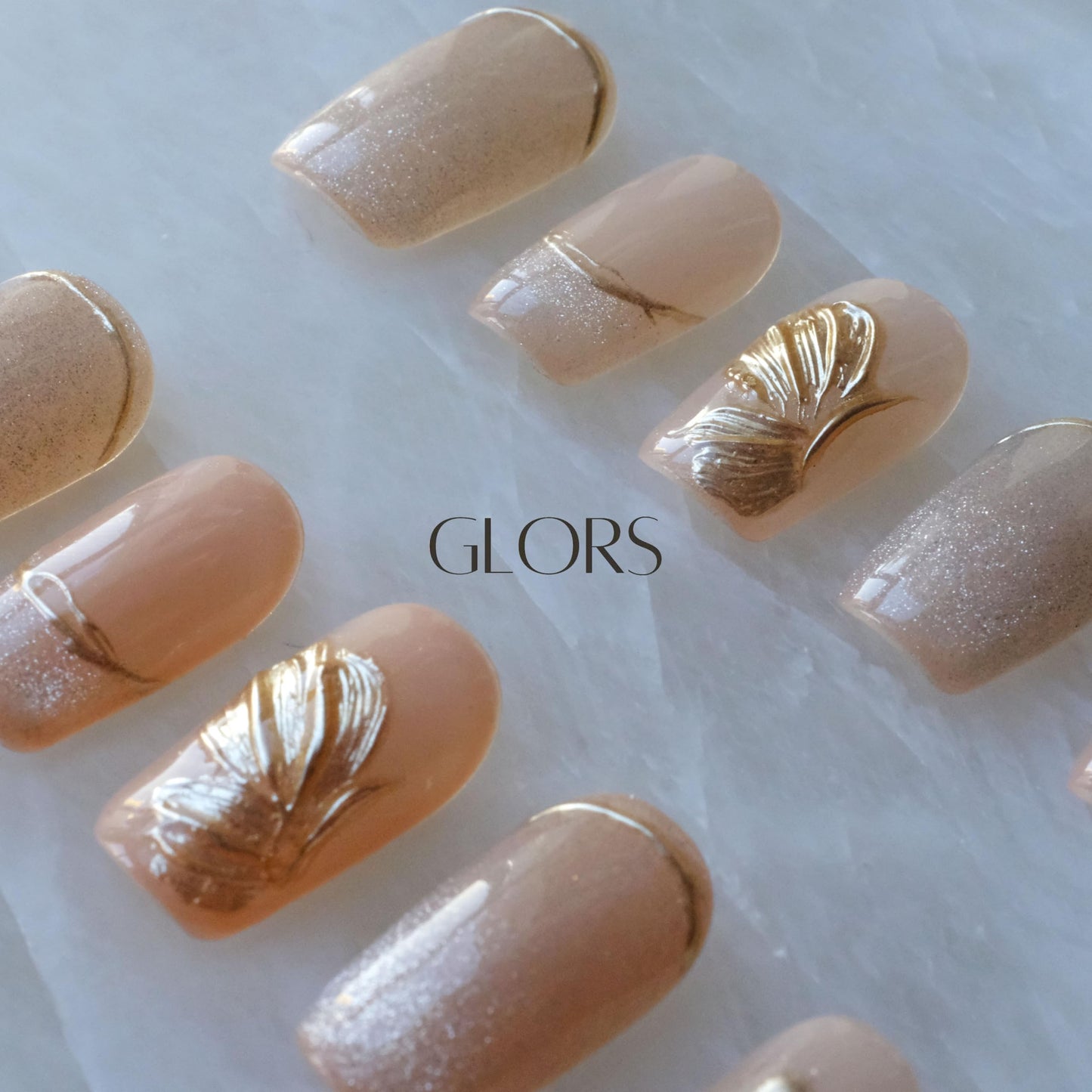 [GLORS] Purly Handmade Medium Ballerina Press on Nails | Flower Dance - Artistic Fake False Nails with Cat-eye and Icy Sheer Nude Color, 10 Pieces (Small, MB)