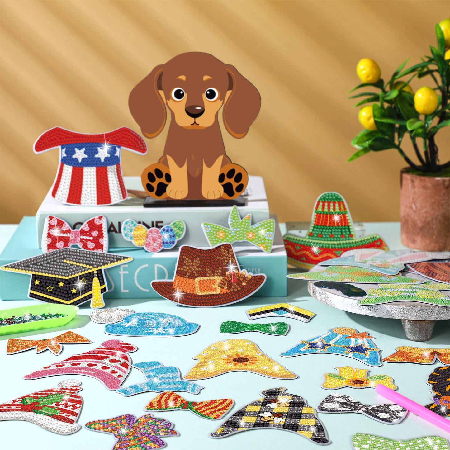 DoubleFill 42 Pcs Summer Diamond Kits 4th of July Interchangeable Wooden Table Decorations DIY Summer Holiday Party Seasonal Tiered Tray Art Decor Diamond Painting Magnets(Dog)