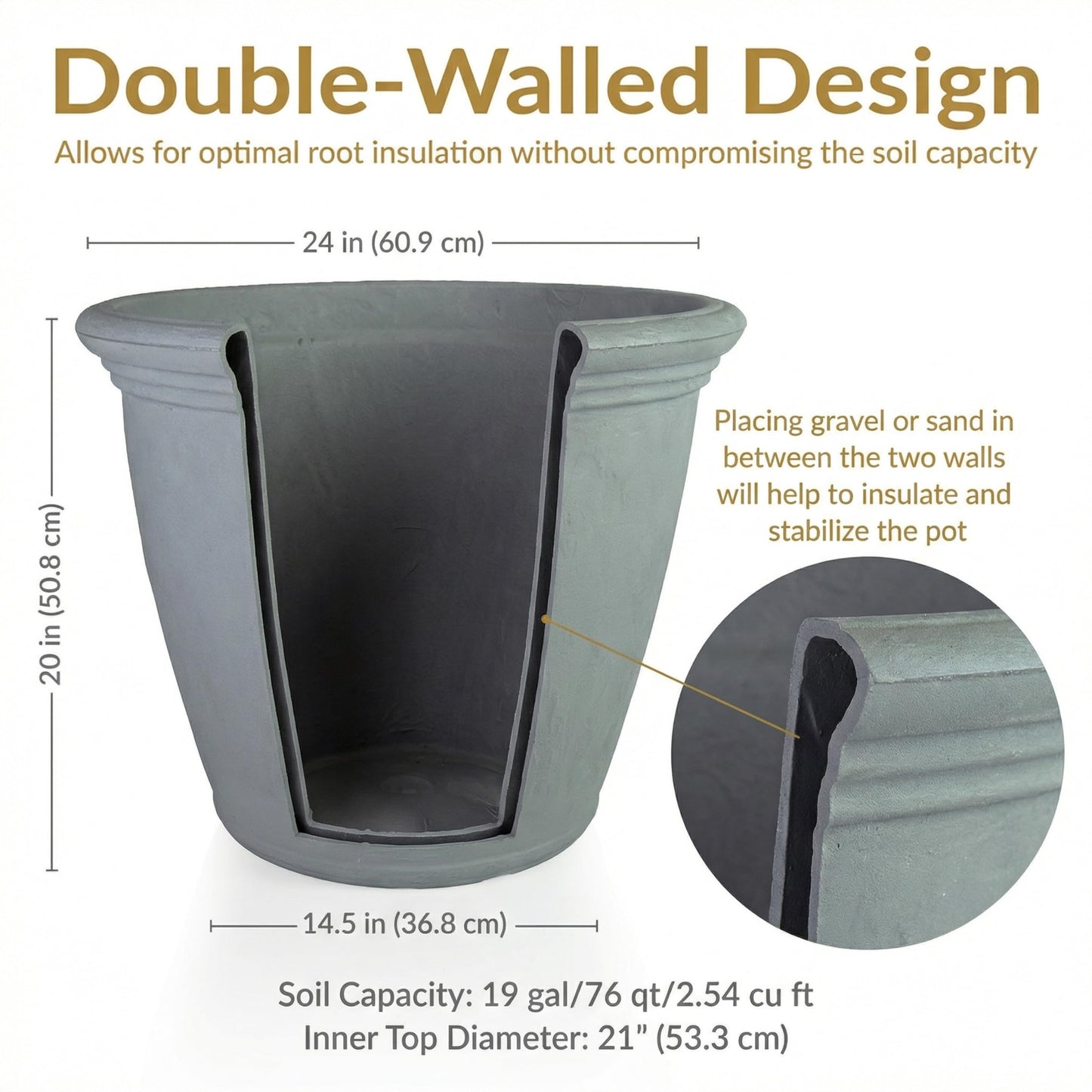 Sunnydaze 24-Inch Anjelica Large Plastic Pot for Plants - Outdoor Double-Walled Large Plastic Planter with Drillable Drainage Holes - Light Gray - 2pk