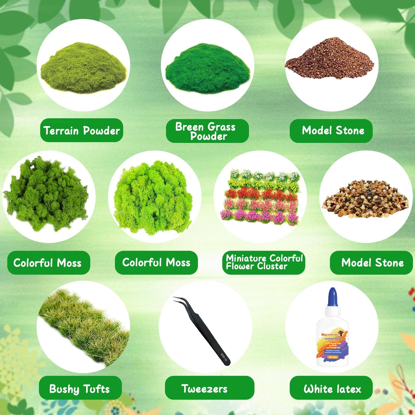 Warmtree Miniature Basing Material, Battlefields Basing Set, Static Grass Bushy Tufts Miniature Flowers Basing Glue for Train Railroad Scenery Military Layout Model and Diorama Supplies