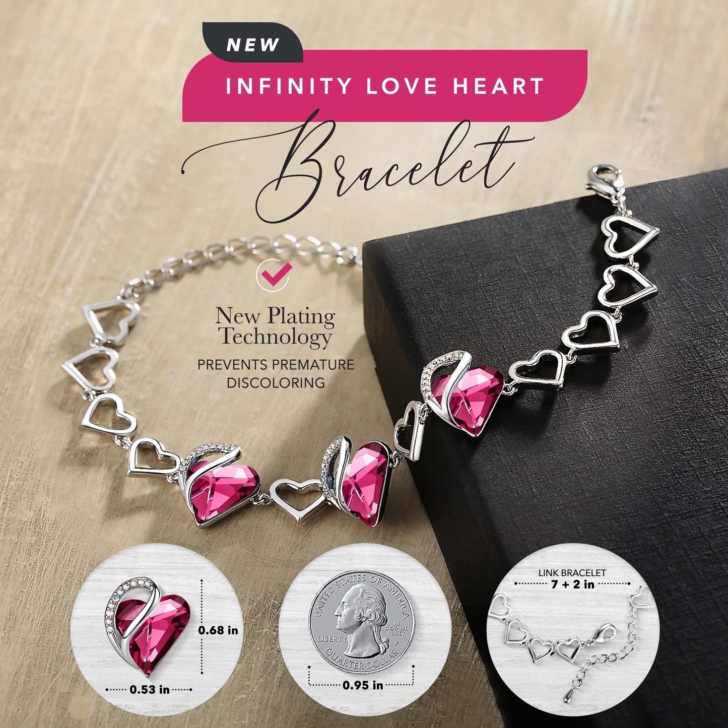 Leafael Infinity Love Heart Gift Bracelet for Women, October Birthstone Crystal, Tourmaline Hot Pink, Silver Tone, 7-inch Chain and 2-inch Extender