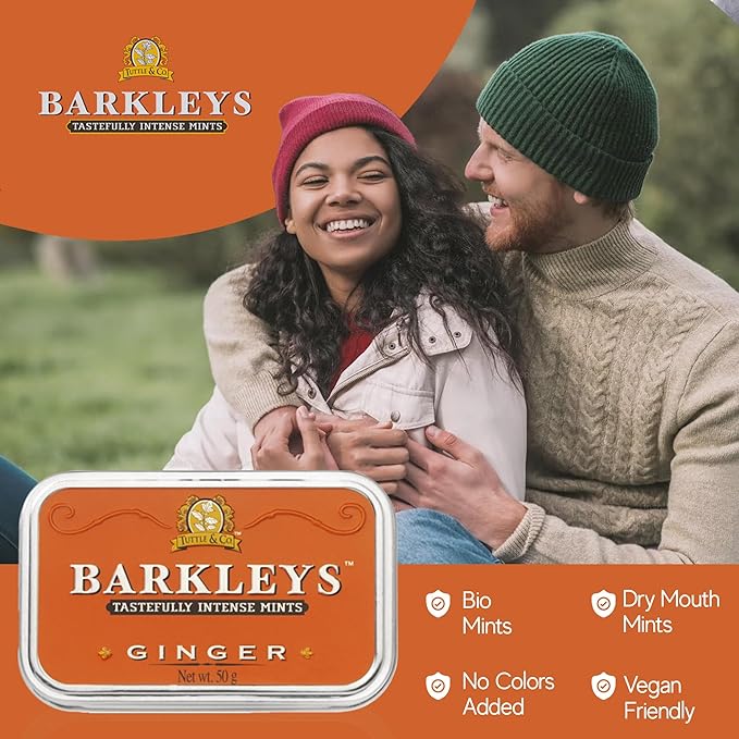 Barkleys Ginger Breath Mints - Strong Ginger Flavor Cool Mint Candy For Party, After Dinner, Wedding, Every Day Use - Vegan Breath Mints In Reusable Classic Travel Tins, 6 Pack - 50 Count Each