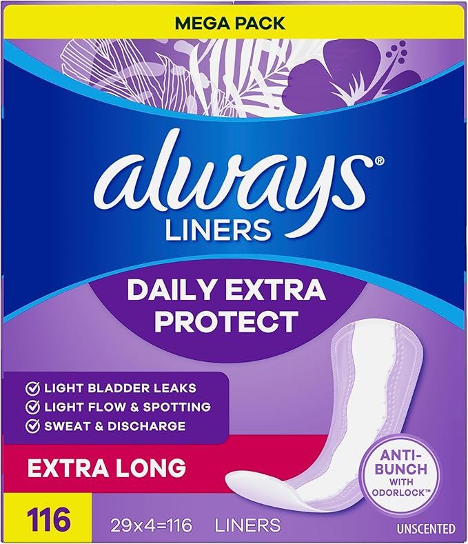Always Daily Extra Protect Liners, Extra Long Length, Unscented Panty Liners, Feel Clean and Comfortable for up to 10 Hours, 116 Count (Packaging May Vary)