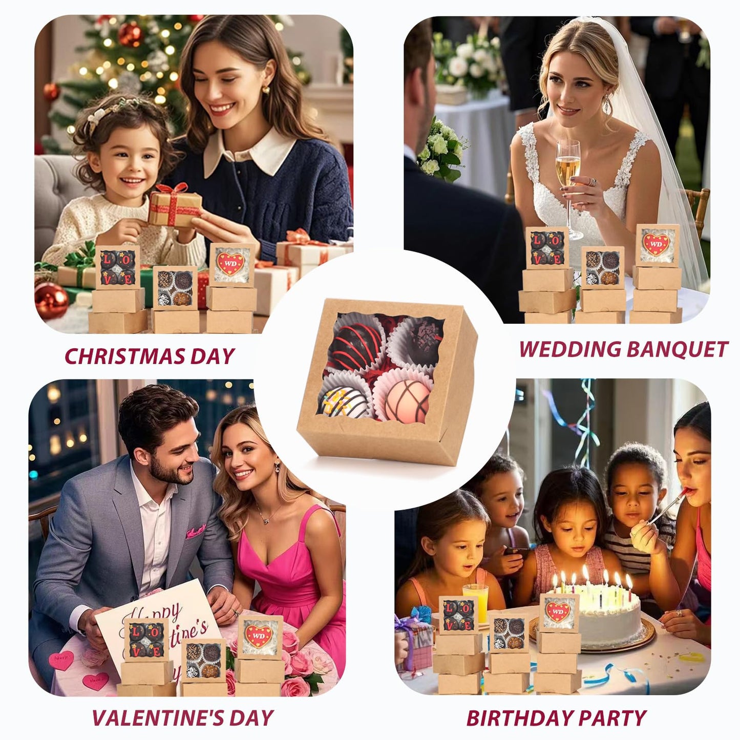 SLShePack 80 Pack 4x4x2 Bakery Treat boxes Cookies Boxes Mini Baking Boxes for Cake,Pie, Cinnamon Roll Treat,Chocolate Truffle Box Party Wedding Favor