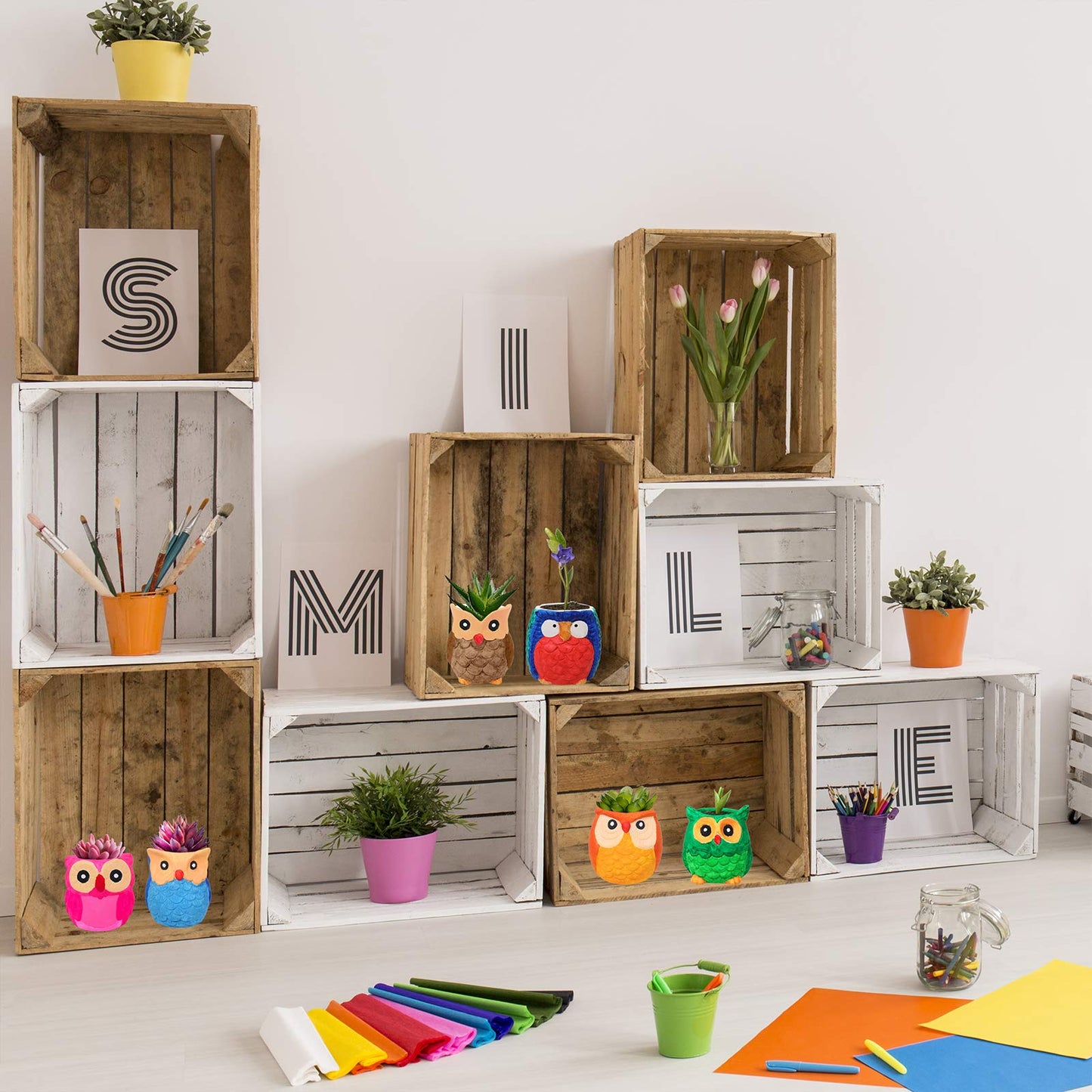 Winlyn 6 Sets DIY Ceramic Owl Succulent Pots Paint Craft Kit, Unpainted Ceramic Bisque Owl Flowerpots with Drainage Hole, Ready to Paint for Kids Classroom Craft Project Activity