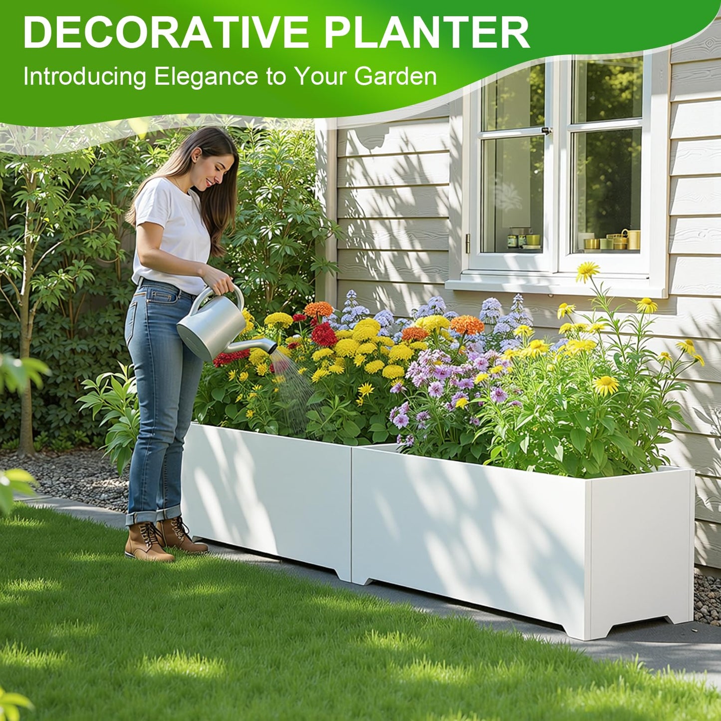 36" White Rectangular Planter, 36x15x15 Inch Large Metal Flower Box with 6 Drainage Holes, Raised Bottom, Galvanized Outdoor Planter for Patio Garden Deck, Heavy Duty Planter for Vegetables Shrubs