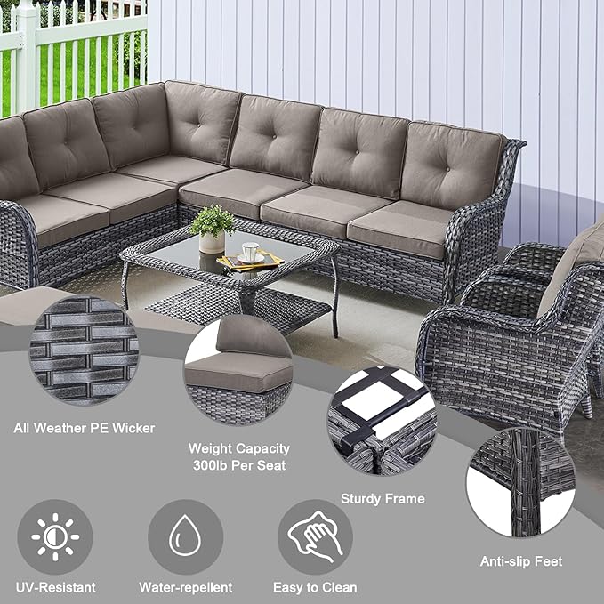 HUMMUH 9 Piece Patio Furniture PE Wikcer Outdoor Furniture Set with Sectional Sofa Swivel Patio Chairs Ottomans and Glass Coffee Table for Yard,Garden,Lawn