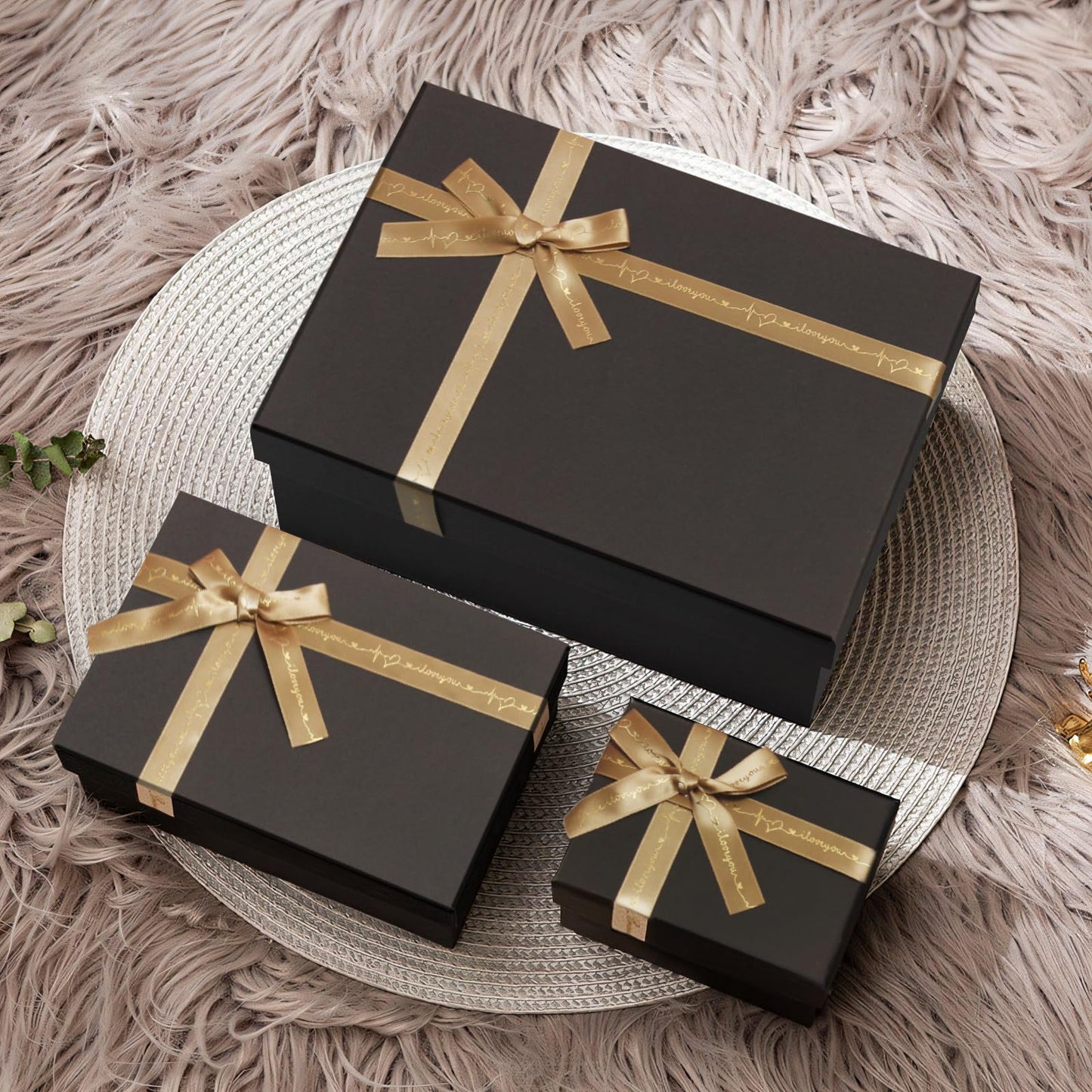 Airuisike Black Gift Boxes with Gold Ribbons & Bows - (3 Sizes) Sturdy Gift Boxes with Lids for Presents - Elegant Gift Wrapping Boxes for Gift Wrapping