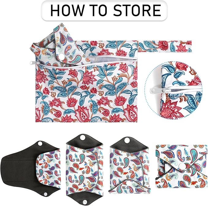 PHOGARY Reusable Menstrual Pad, 7 Packs Washable Overnight Cloth Panty Liners with 1 Wet Bag, Sanitary Pads Wings for Heavy Flow