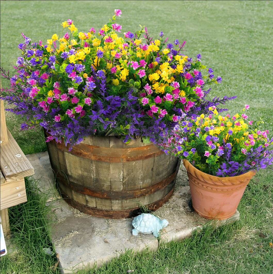 Hananona 12 Pcs Artificial Flowers Outdoor, Faux Artificial Plants UV Resistant Plastic Flower Bulk for Hanging Planter Porch Window Home Wedding Fall Summer Decor (12, Fuchsia, Purple, Yellow, Green)