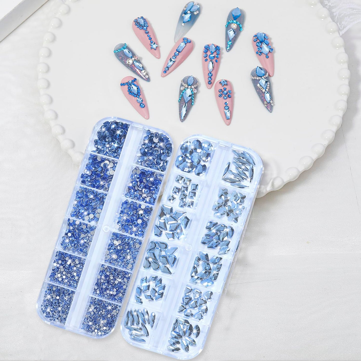DZHILHMX Nail Rhinestones - 3D Multi Shape Size, Flat Back, Crystals Manicure Rhinestones Charms, Light Blue Nail Gems, with Kit, for Nail Art, Bedazzling Acrylic Nails, DIY Decor