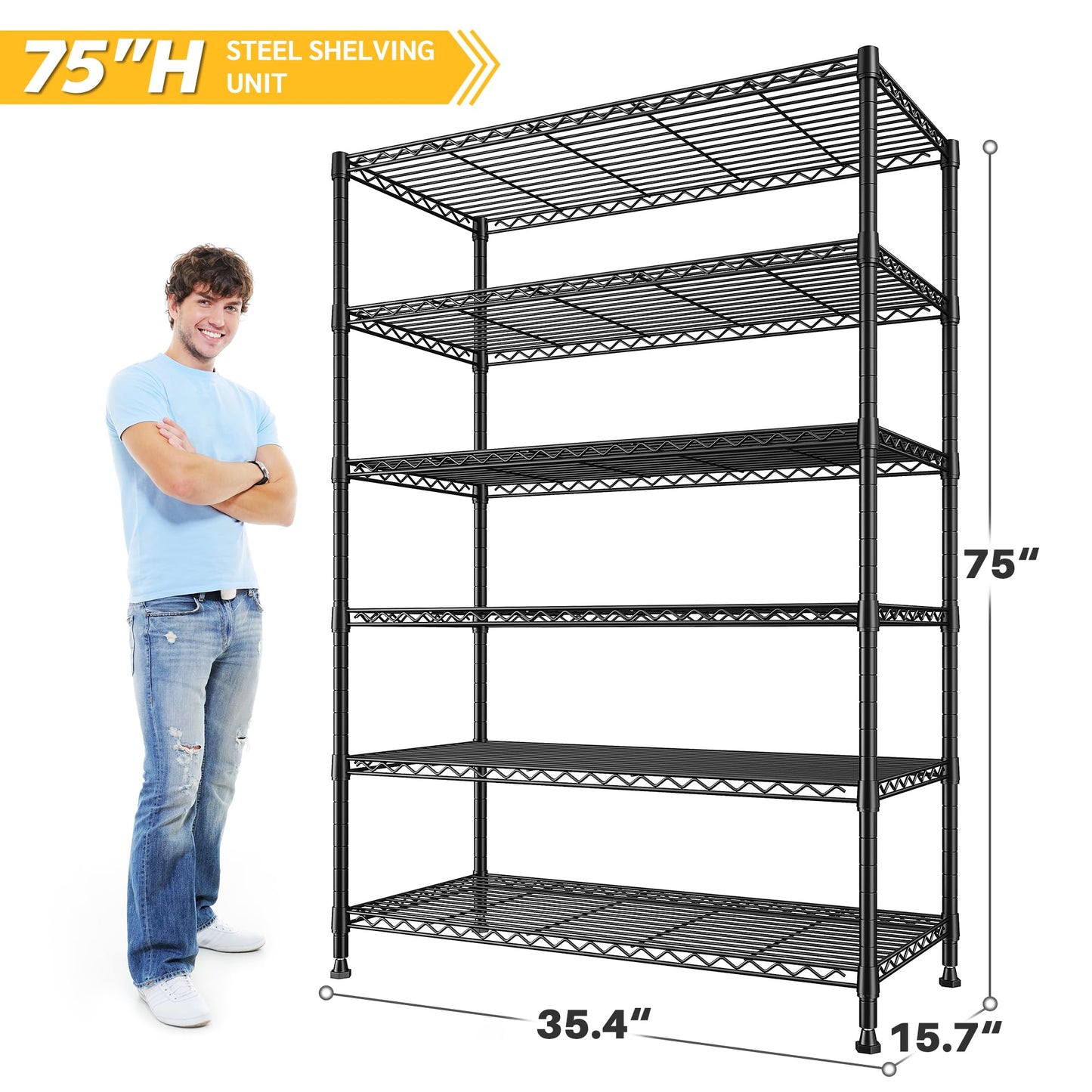 REIBII 75''H Storage Shelves Metal Shelving Unit, 6 Tier Wire Shelving for Pantry Shelves Adjustable 1200LBS Garage Shelving Heavy Duty Storage Rack for Kitchen Garage, 35.4''W*75''H*15.7" D