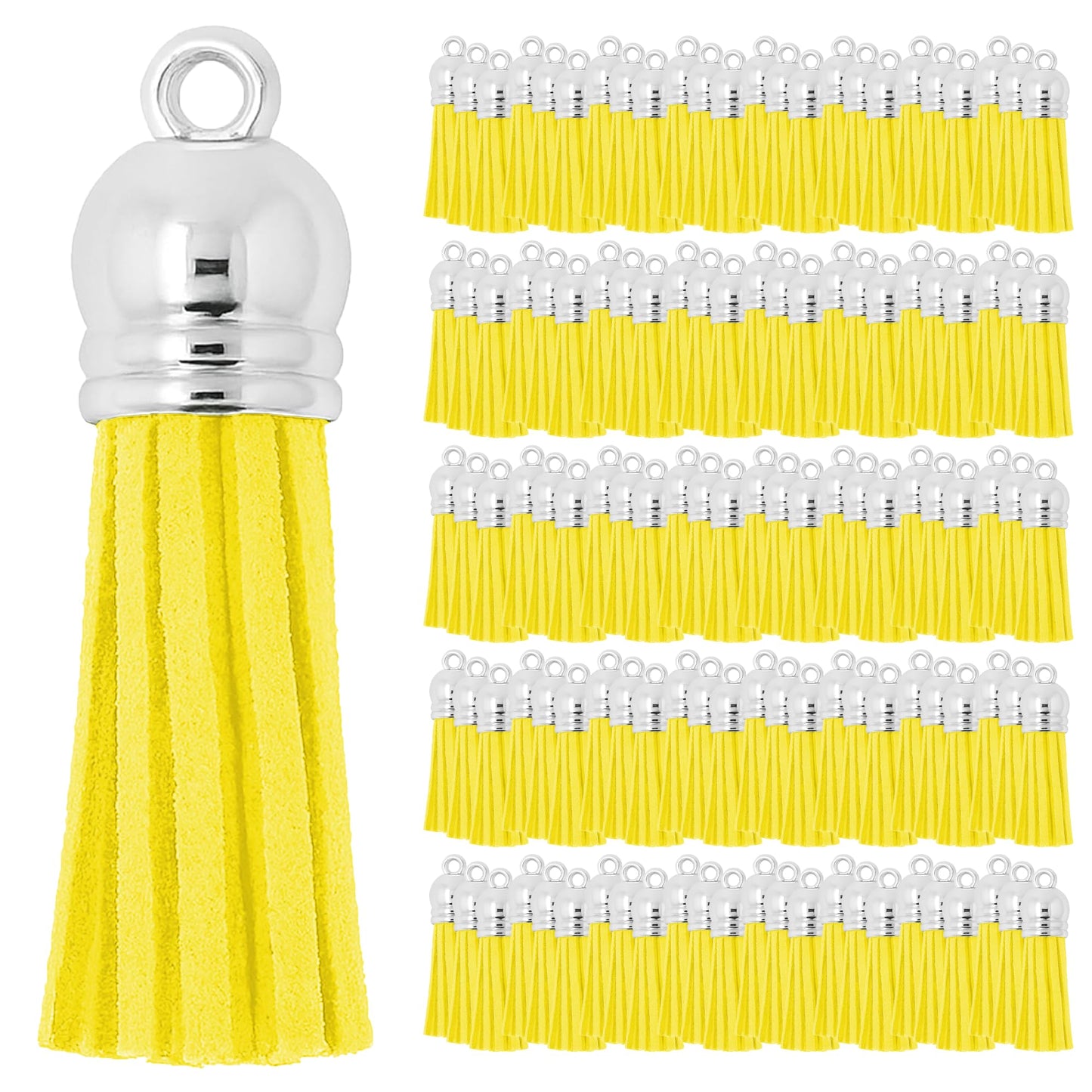 Mandala Crafts 100 Pcs Silver Cap Yellow Faux Suede Tassels Bulk Keychain Making Supplies - Small Leather Tassels for Charms, Jewelry Making, and DIY Crafts