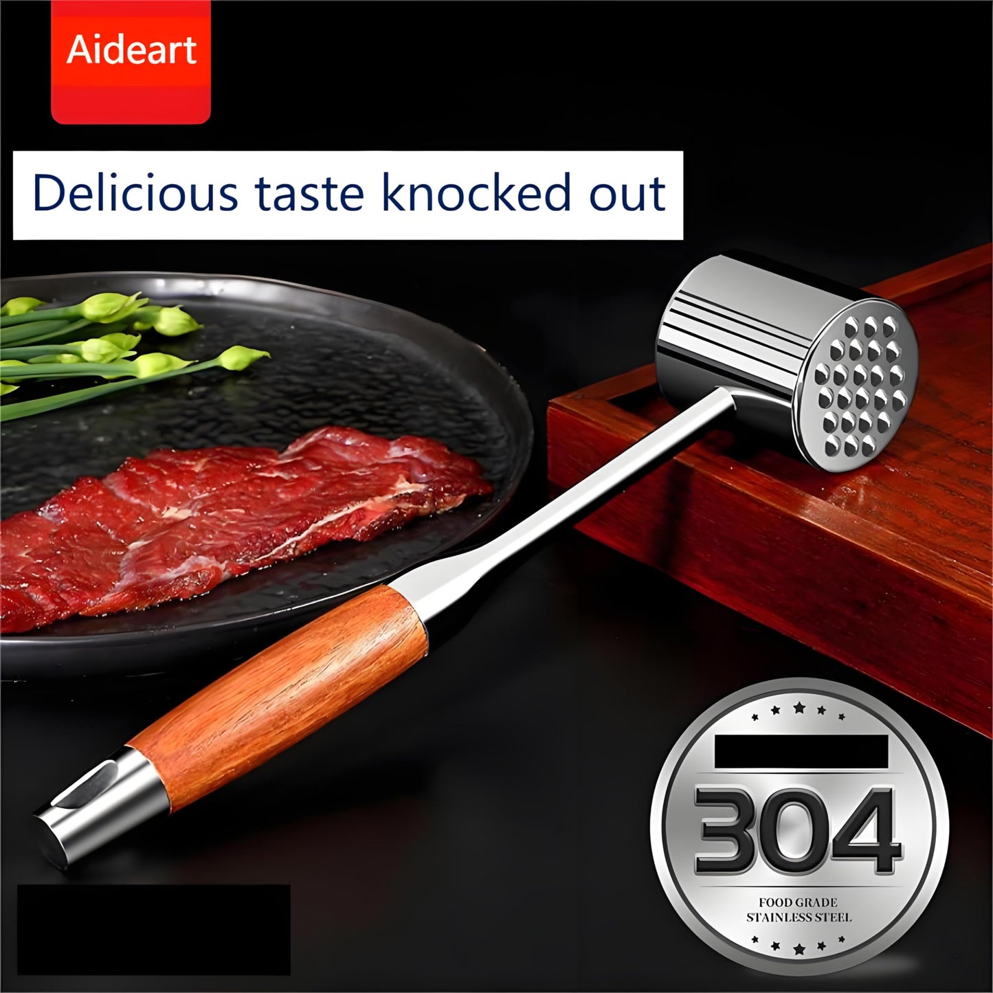 Aideart Meat Pounder,kitchen mallet 304SS,Meat Mallet Meat Hammer Meat Beater for Tenderizing and Flattening Meat,Meat Pounder Tenderizer for Pounding Meats, Hanging Loop,(Rosewood)