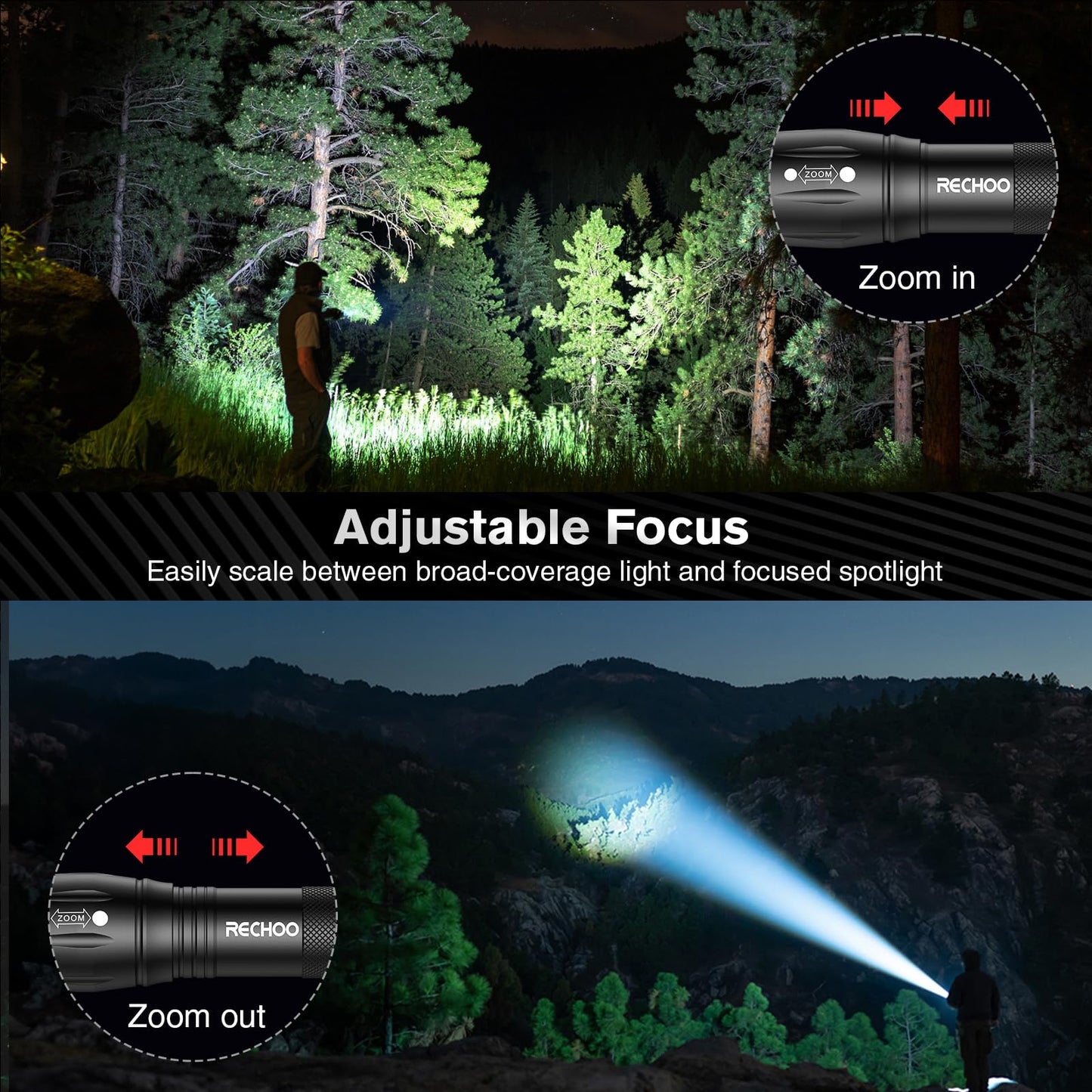 RECHOO 6Pack LED Flashlight, Bright Small Flashlights High Lumens with 3 Modes, Pocket Mini Flashlight Battery Powered, Flash Light Adjustable Focus, Waterproof Flashlights for Home Emergency Camping