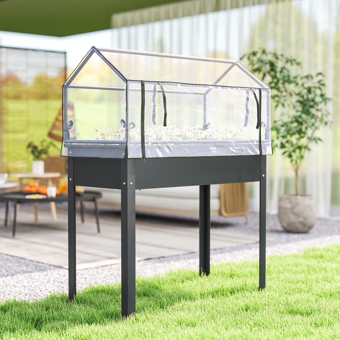 Outsunny Raised Garden Bed with Greenhouse Cover, Elevated Planter Box with Legs and Drainage Hole for Vegetables Flowers Herbs, 39.4" x 18.9" x 48.8", Dark Gray