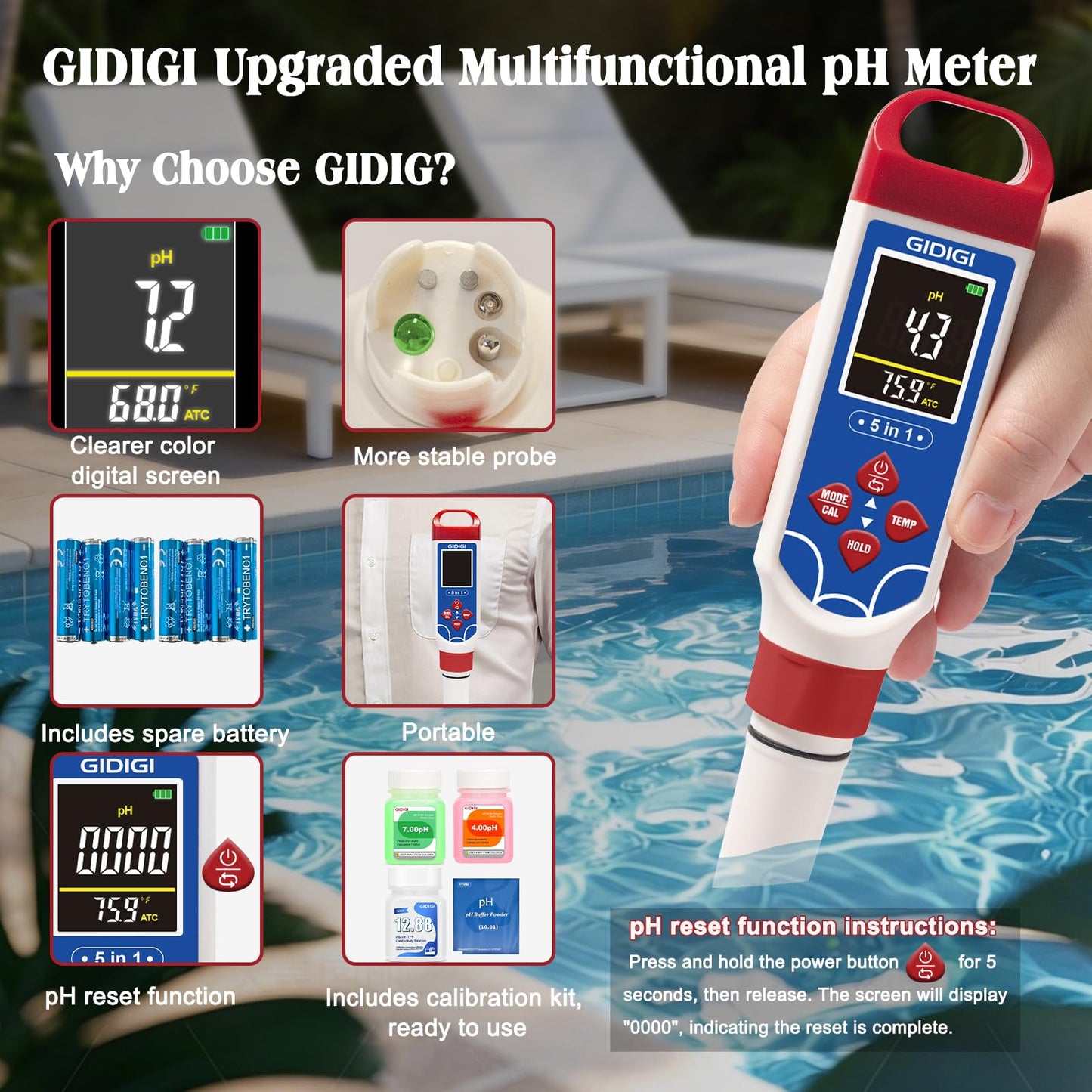 GIDIGI 5 in 1 Digital pH Meter TDS EC Temp. Salinity Tester, Update Color Screen Pool Salinity Meter with Calibration Kit, Hydroponic pH Reader with Reset Function for Aquarium Reef Tank Cooking water
