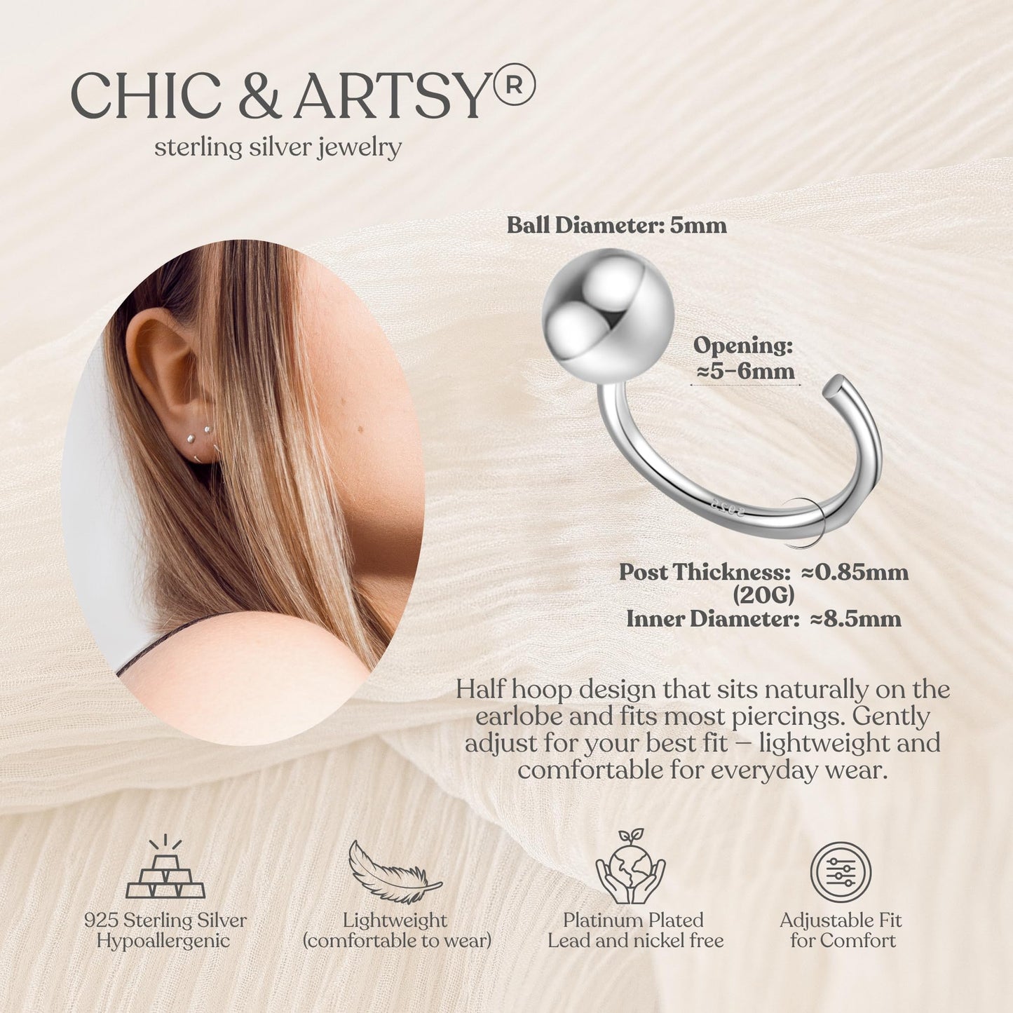 Ball Half Hoop Earring 925 Sterling Silver Little Ball Huggie Earring 5mm Hug Hoop Earring Huggy Earring for Women Sleeper Earrings