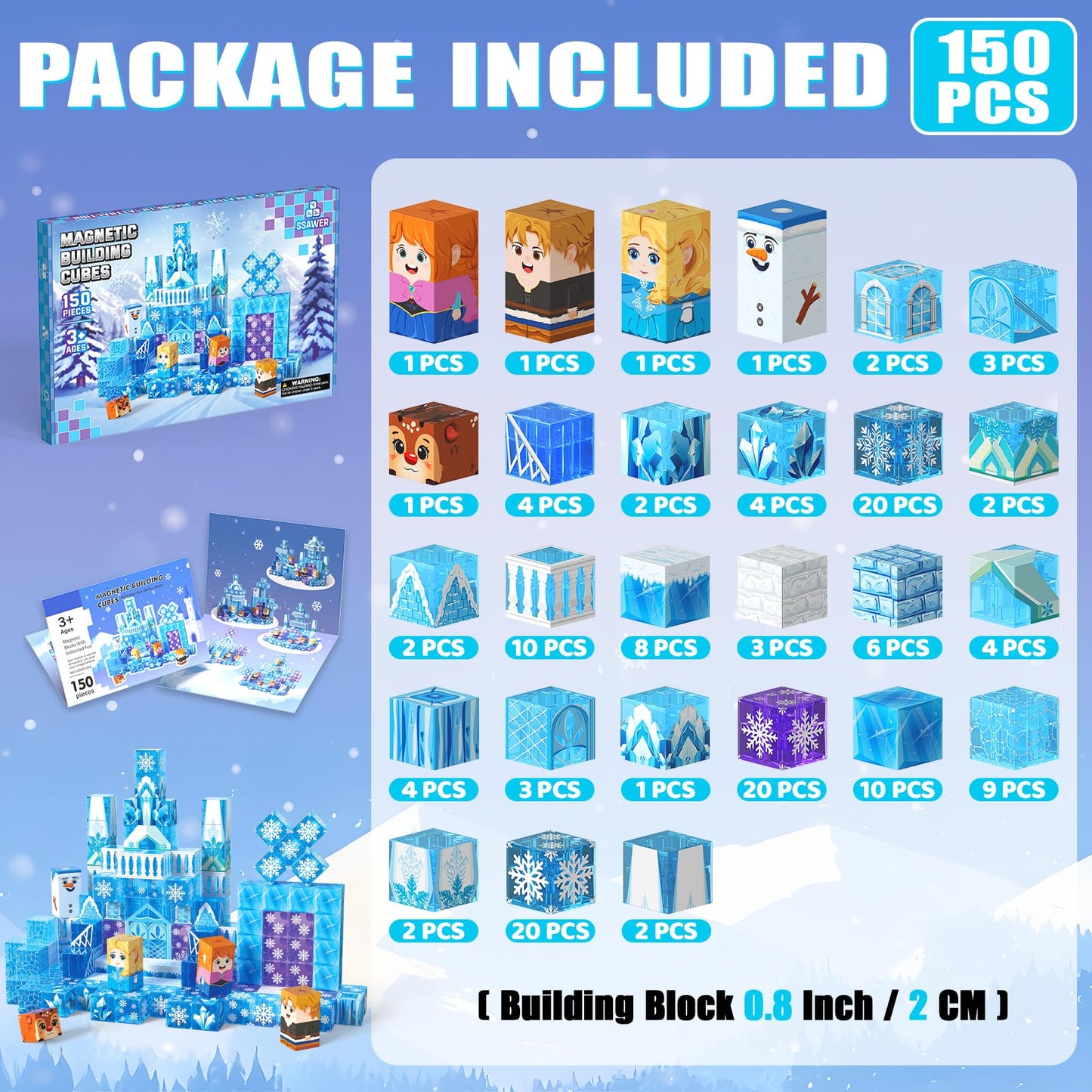 SSAWER Magnetic Blocks, 150PCS Magnetic Building Blocks, Stacking Magnets for Kids, Sensory Toy for STEM Constructions Magnet Blocks for Girls Age 3+, Christmas Birthday Gifts (Snow Castle)