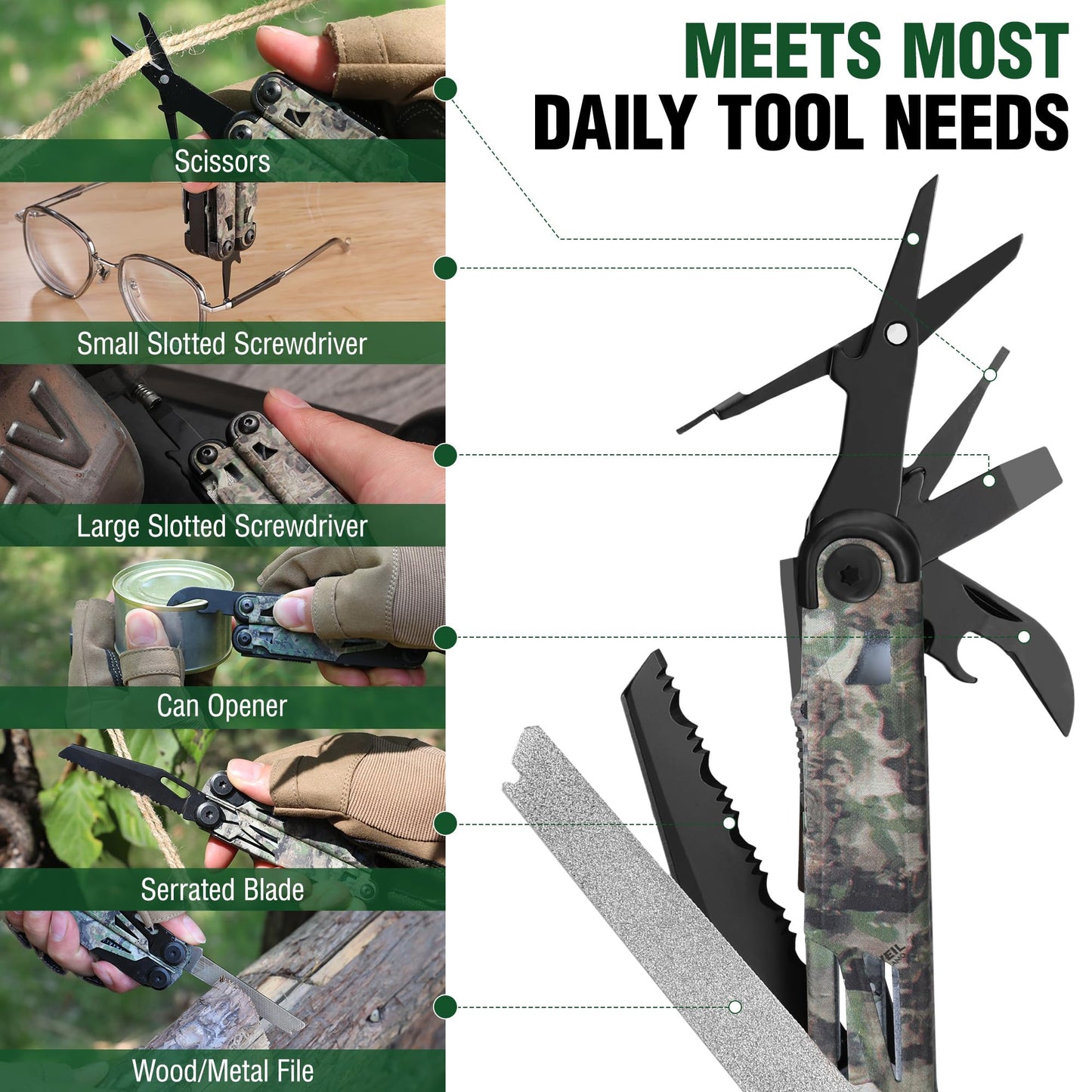 FLISSA Multitool, 15-in-1 Multi Tool Pocket Knife with Sheath, Stainless Steel EDC Multitool Pliers for Men, Camo All-in-One Tools for Camping, Fishing, Survival
