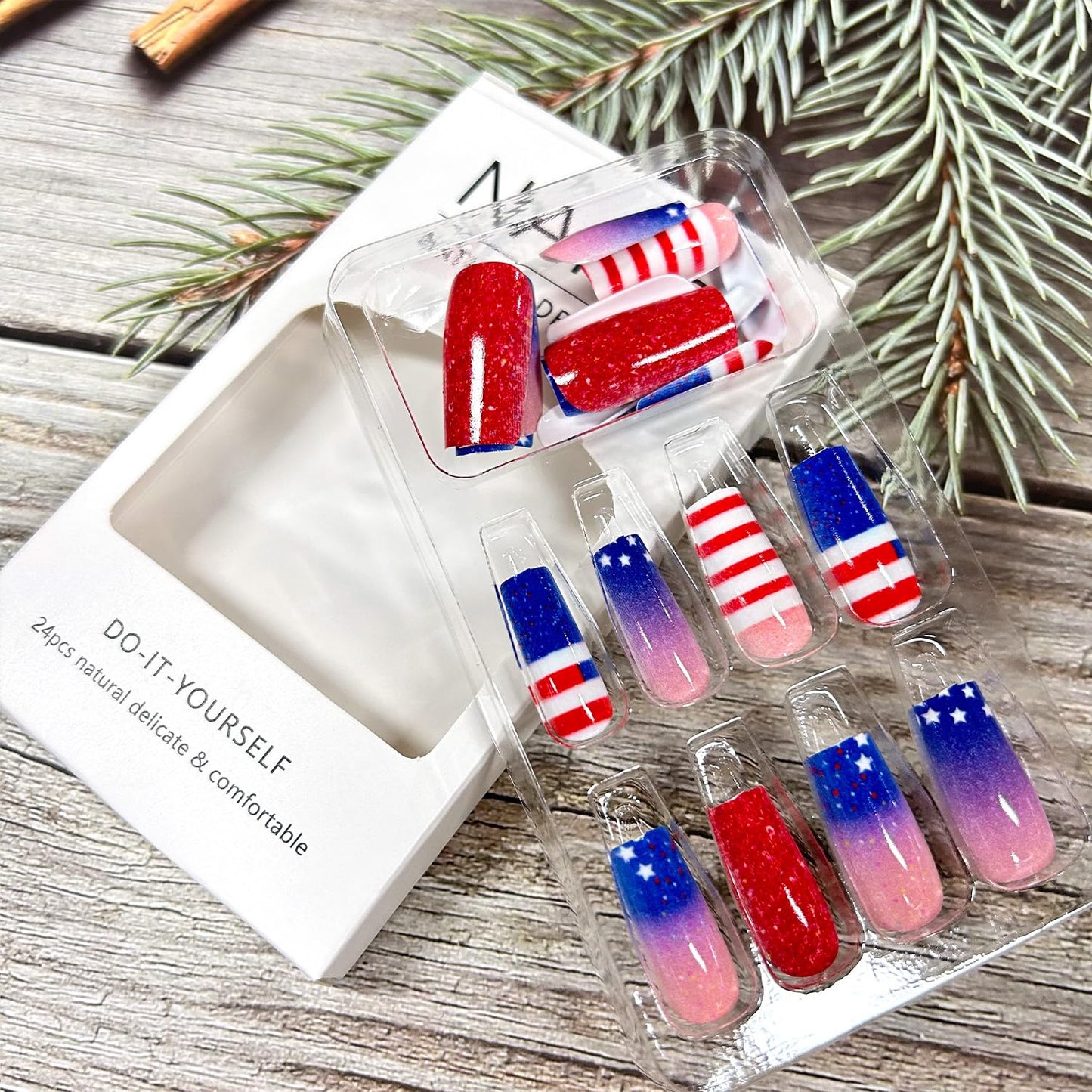 July 4th Press on Nails Medium Square Stars Stripes Design Independence Day False Nails Blue Glitter Powder Gradient Acrylic Nail Full Cover Patriotic Stick on Nail Holiday Glue on Nail for Women