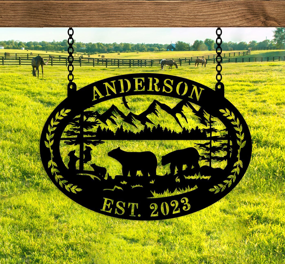 Custom Farmhouse Farm Sign, Custom Bear Monogram Name Sign, Ranch Sign, Outdoor Family Name Sign, Personalized Family Name Bear Metal Wall Sign, Personalized Rustic Name Sign