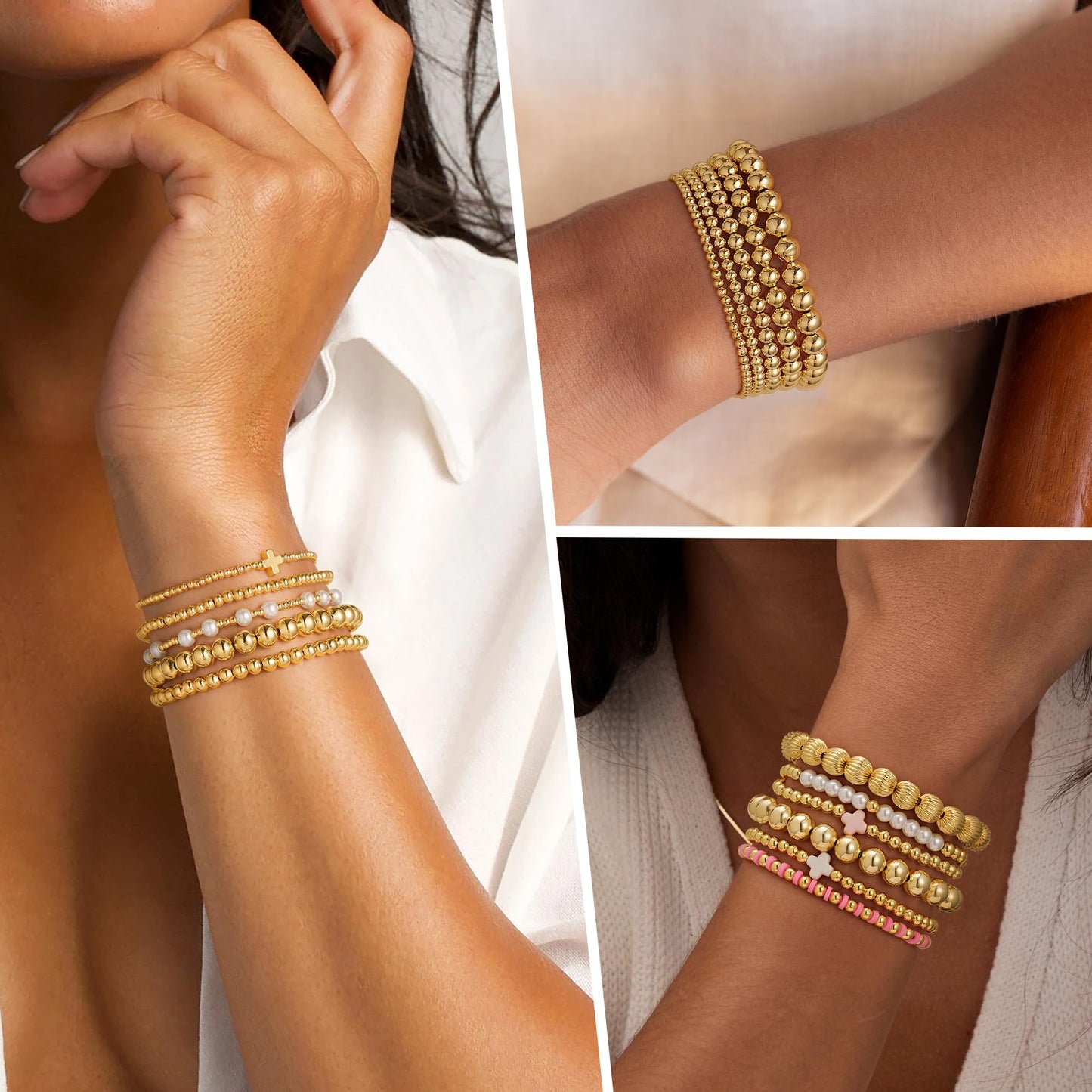 Yoosteel Gold Beaded Bracelets Set for Women - 14k Gold Plated Dainty Round Beaded Pearl Bracelet for Women Simplicity Stackable Jewelry Gifts（5 Pcs）