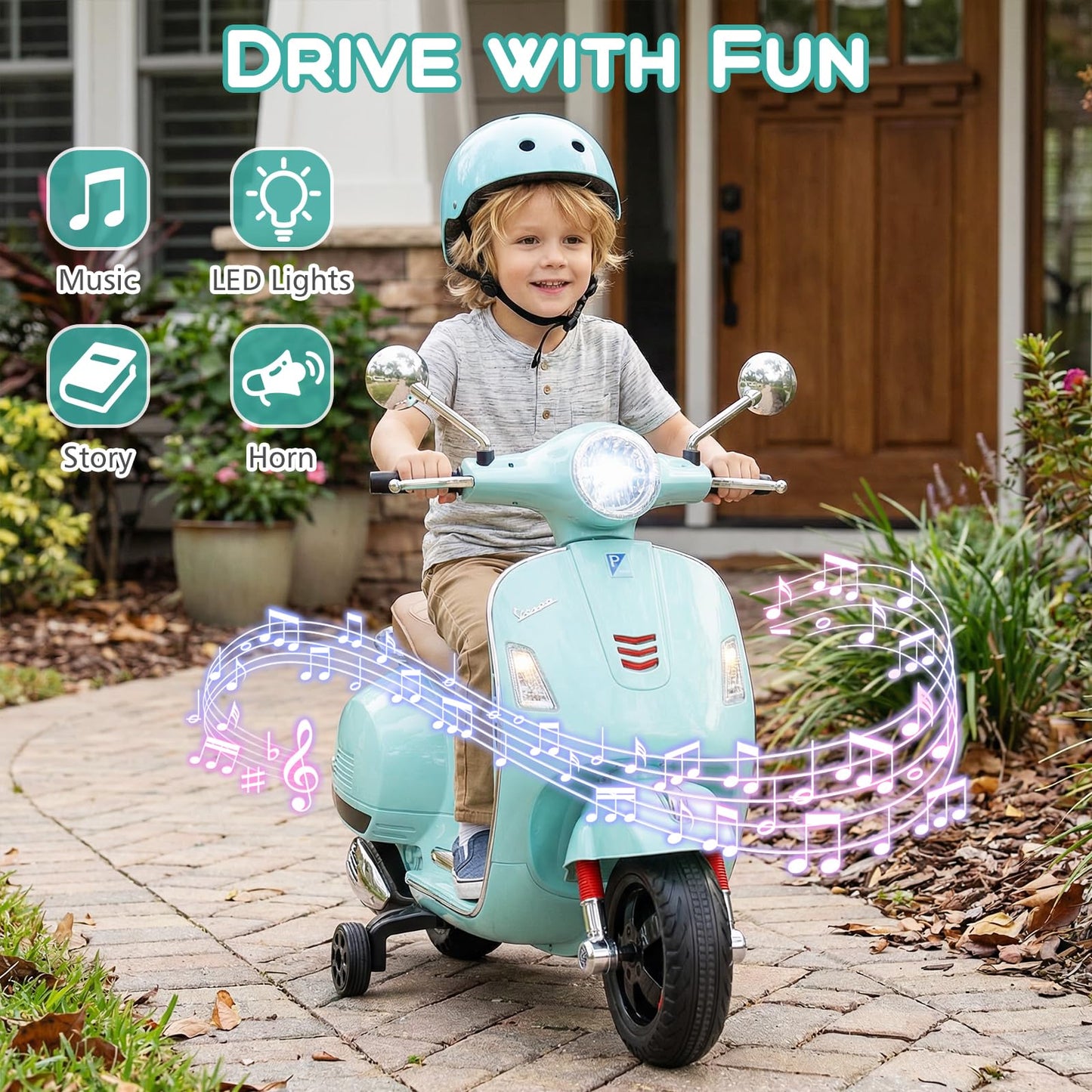 Licensed Vespa 12V Kids Motorcycle by INFANS with Training Wheels, Music, Story, Horn, Lights for 3-6 Years (Green)