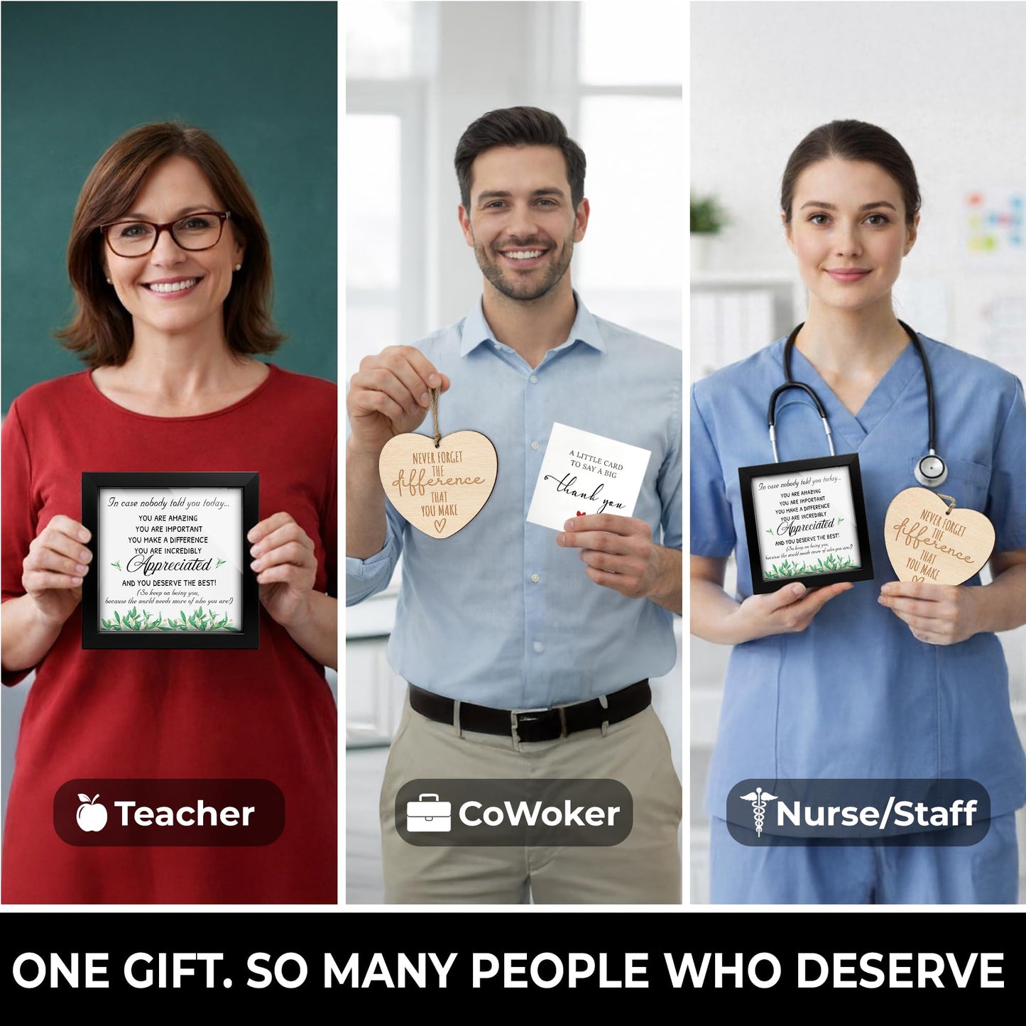 Thank You Appreciation Gift Set with Inspirational Quote Sign, Wooden Heart Ornament & Card – Meaningful Recognition Gift Doctor, Coworkers, Employees, Teachers – Desk or Wall Decor HF483