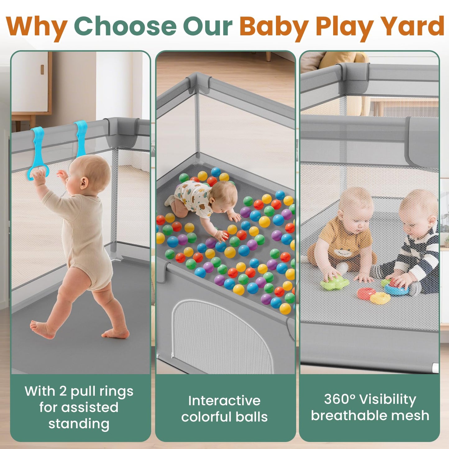79” x 71” Playpen for Babies and Toddlers - Safe Baby Fence with 50 PCS Ocean Balls and 2 Pull Handles for Indoor - Large Baby Playpen for Activity Center - Play Yard with Non-Slip Suction Cups