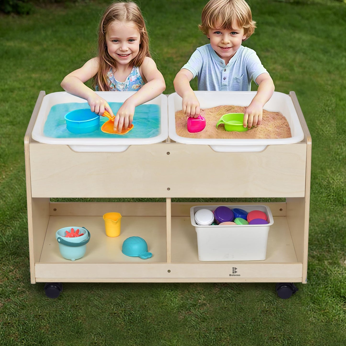Bolocon Sand and Water Activity Table for Kids, Sensory Table w/Dual Deep Sand/Water Bins & 2 Bottom Storage Compartment & Lockable Casters, Indoor/Outdoor Activity Play
