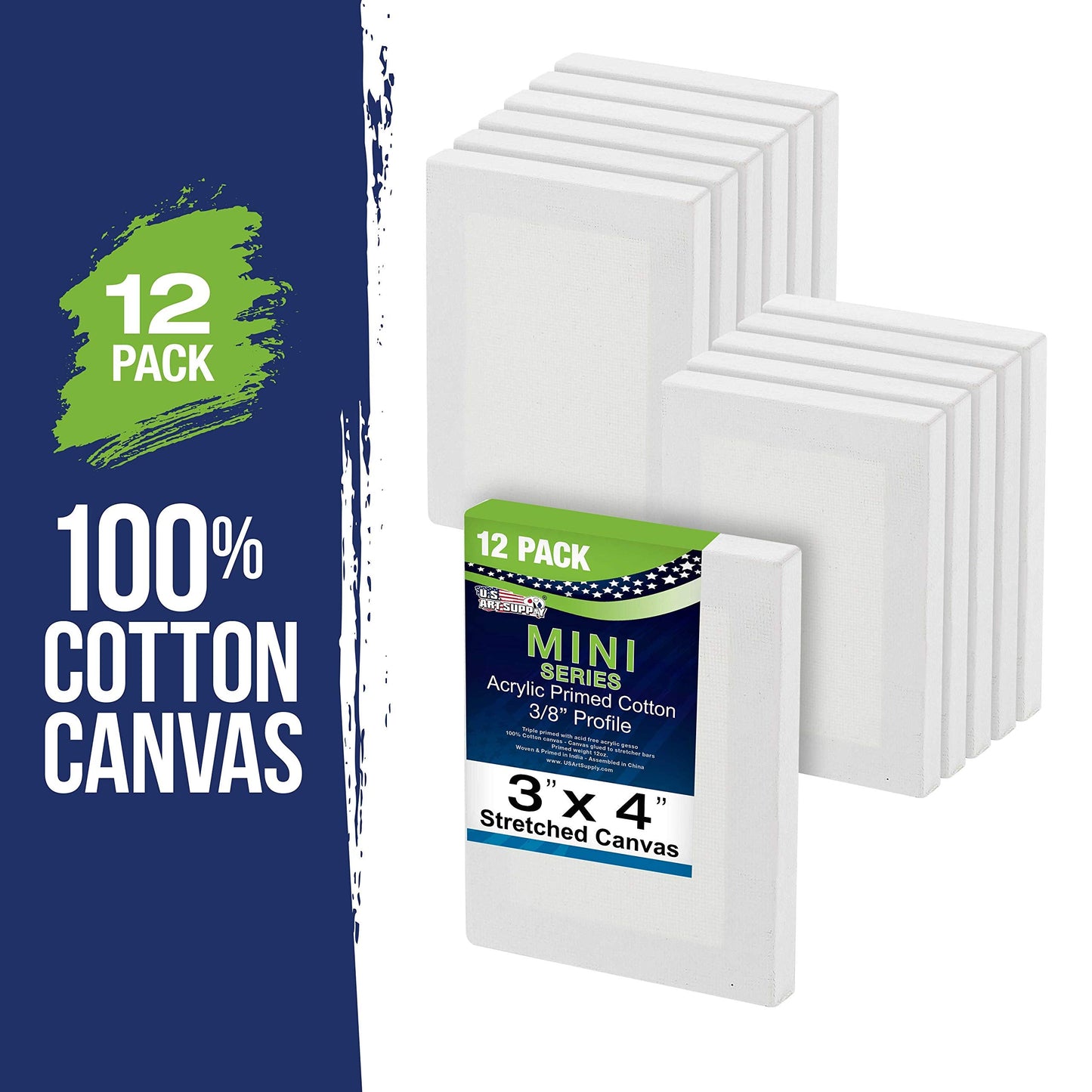 U.S. Art Supply 3x4 Mini Canvases for Painting, 12 Pack Bulk Small Stretched Artist Canvas Professional Primed - Ideal for Arts & Crafts