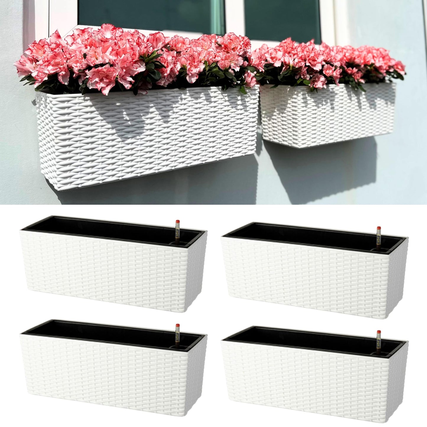 LaLaGreen Window Boxes Planters (20 Inch, 4 Pack) Outdoor Wall Hanging Flower Box with Bracket, Vertical Wall Mounted Self Watering White Rectangular Plant Container Modern Garden Herb Kitchen Indoor