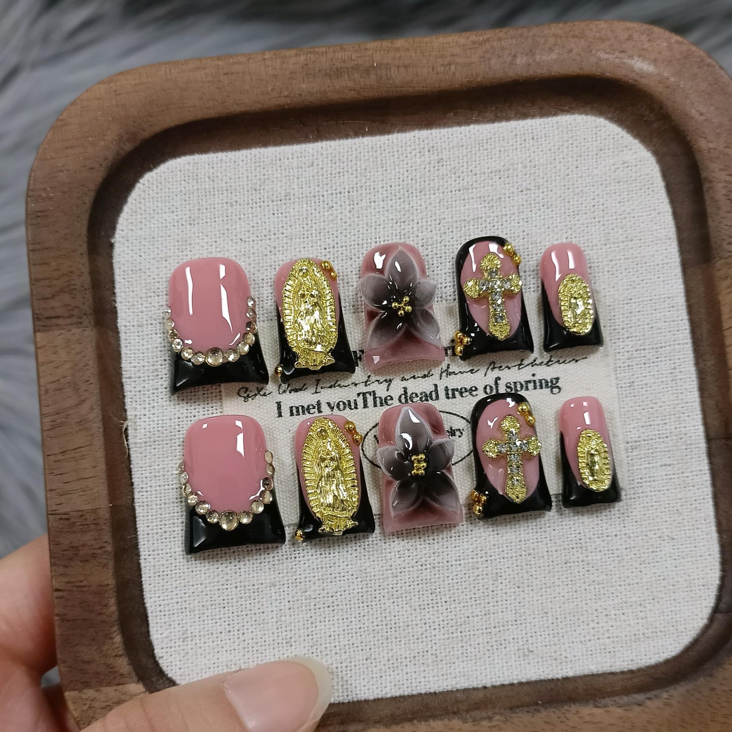 TENPAL Duckbill Press on Nails - Black Pink French with 3D Cross & Saint Charm | Ornate Handmade False Nails | Gothic Y2K Style(L)
