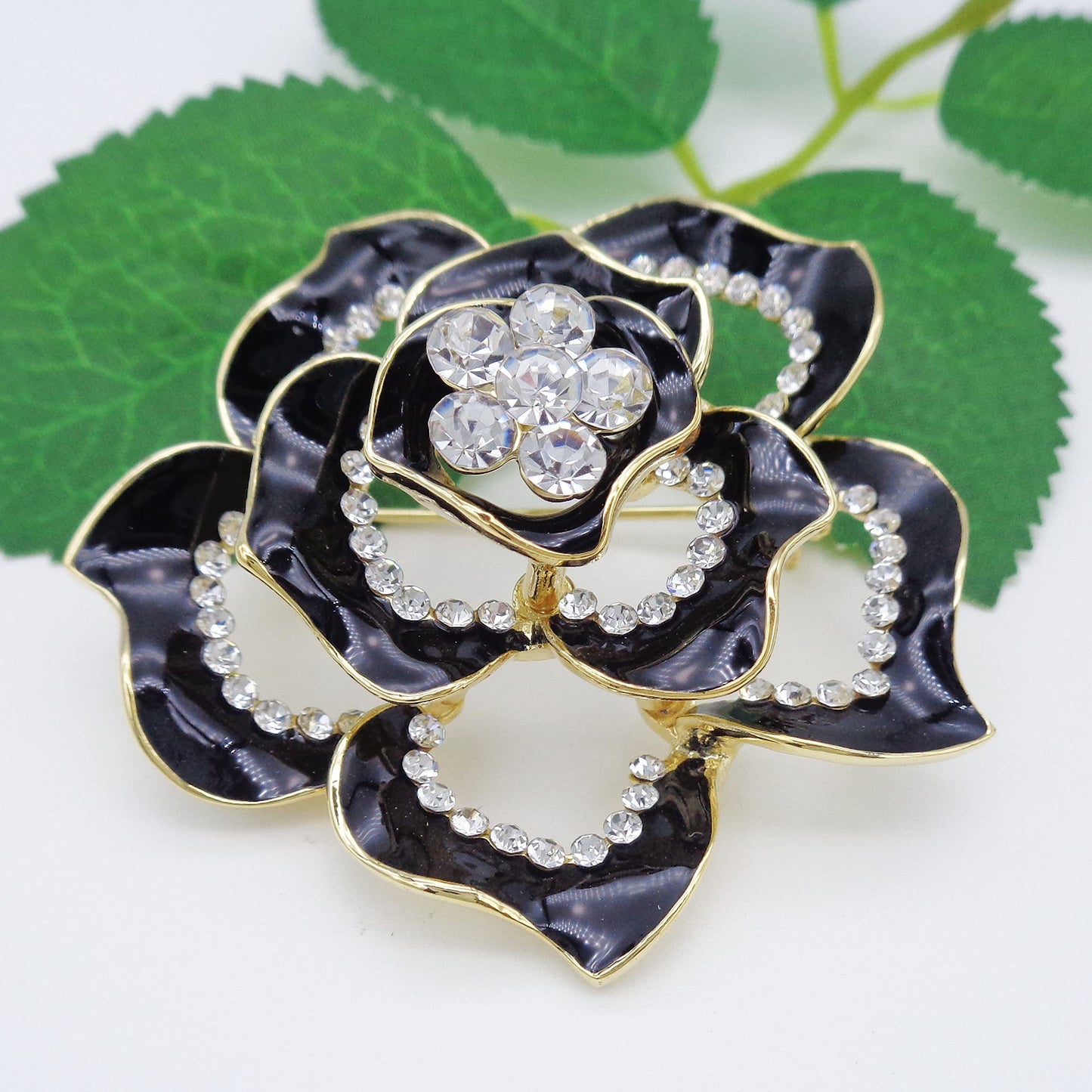 Navachi 18k Gold Plated Crystal Black Enamel Rose Flower Az7196b Brooch pins